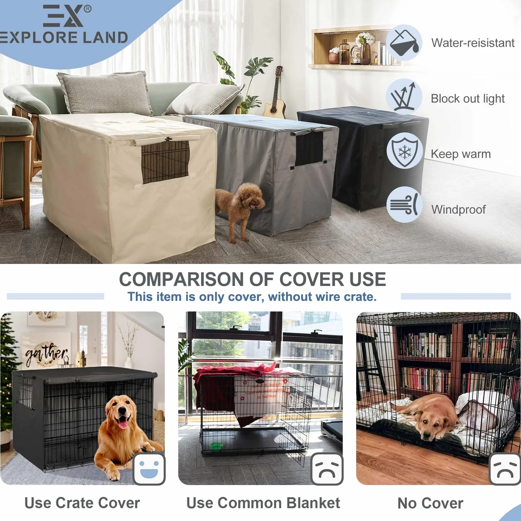 Explore Land Housse de Cage pour Chien Polyester Universelle 61-121,9 cm Noir