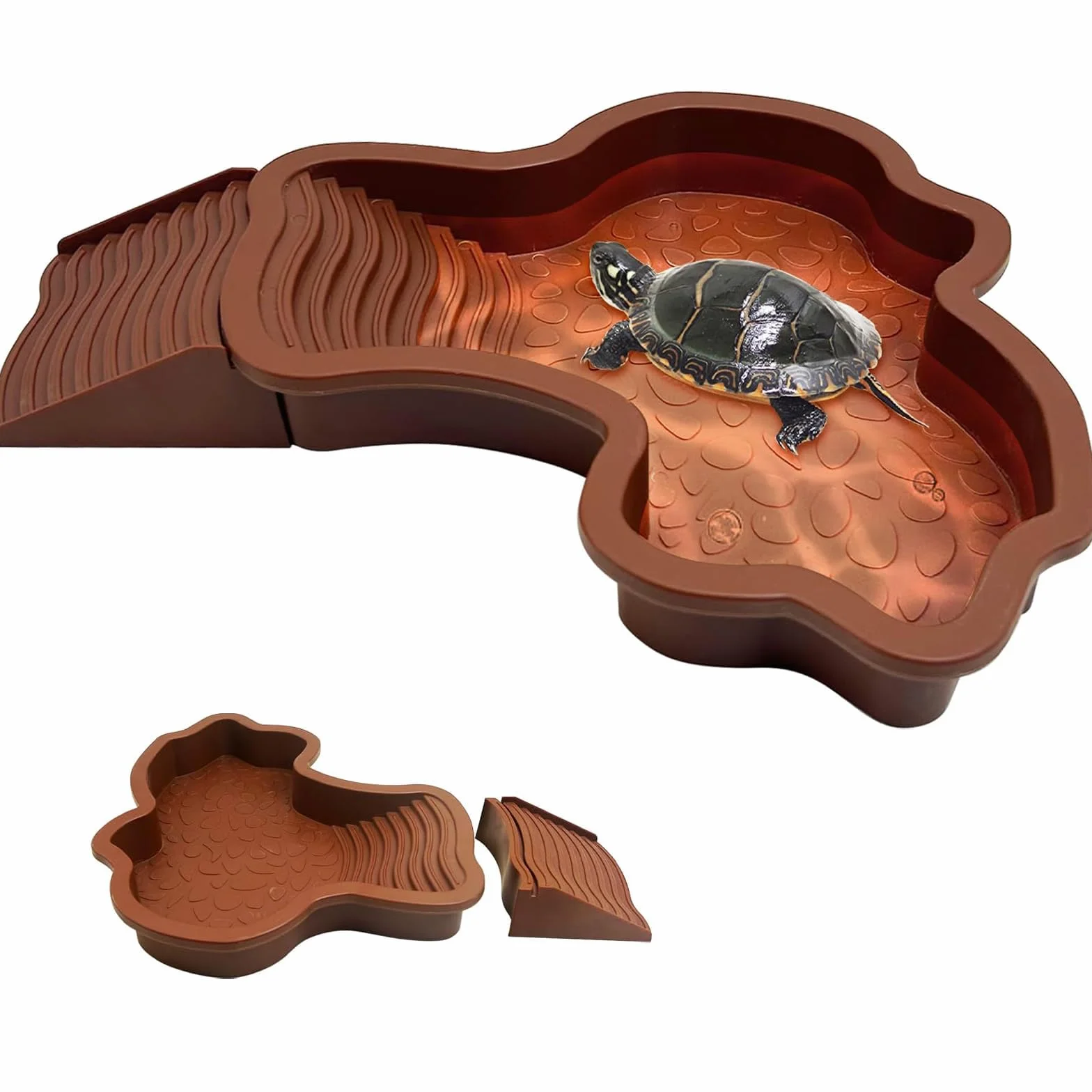 Abreuvoir Tortue Terrestre 35x28.5x4.3cm Piscine avec Rampe Détachable pour Tortues Lézards Gecko Amphibien Rouge Brun