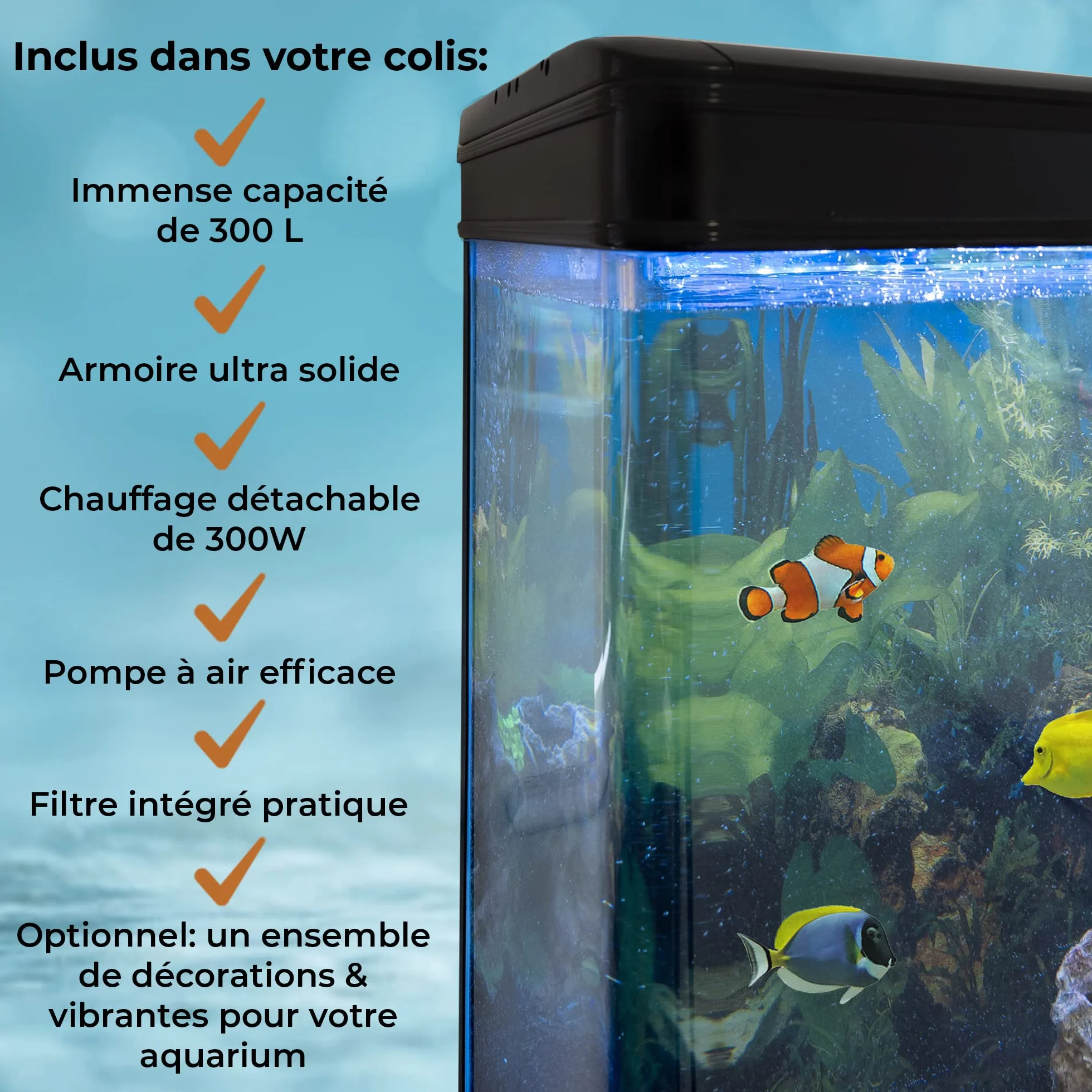 Aquarium Noir 300L Kit Démarrage Meuble 143,5x120,5x39cm Graviers Bleu
