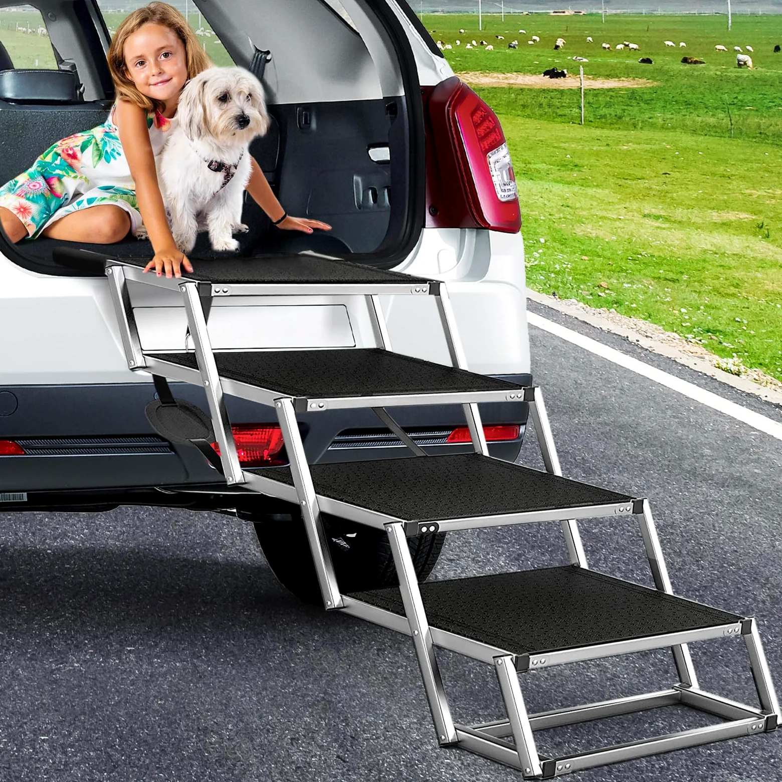 Rampes extra larges pour chiens, 48,2 cm de large avec surface antidérapante, rampe pliable portable en aluminium pour chiens, escalier léger pour voitures, SUV et camions, supporte jusqu'à 100 kg