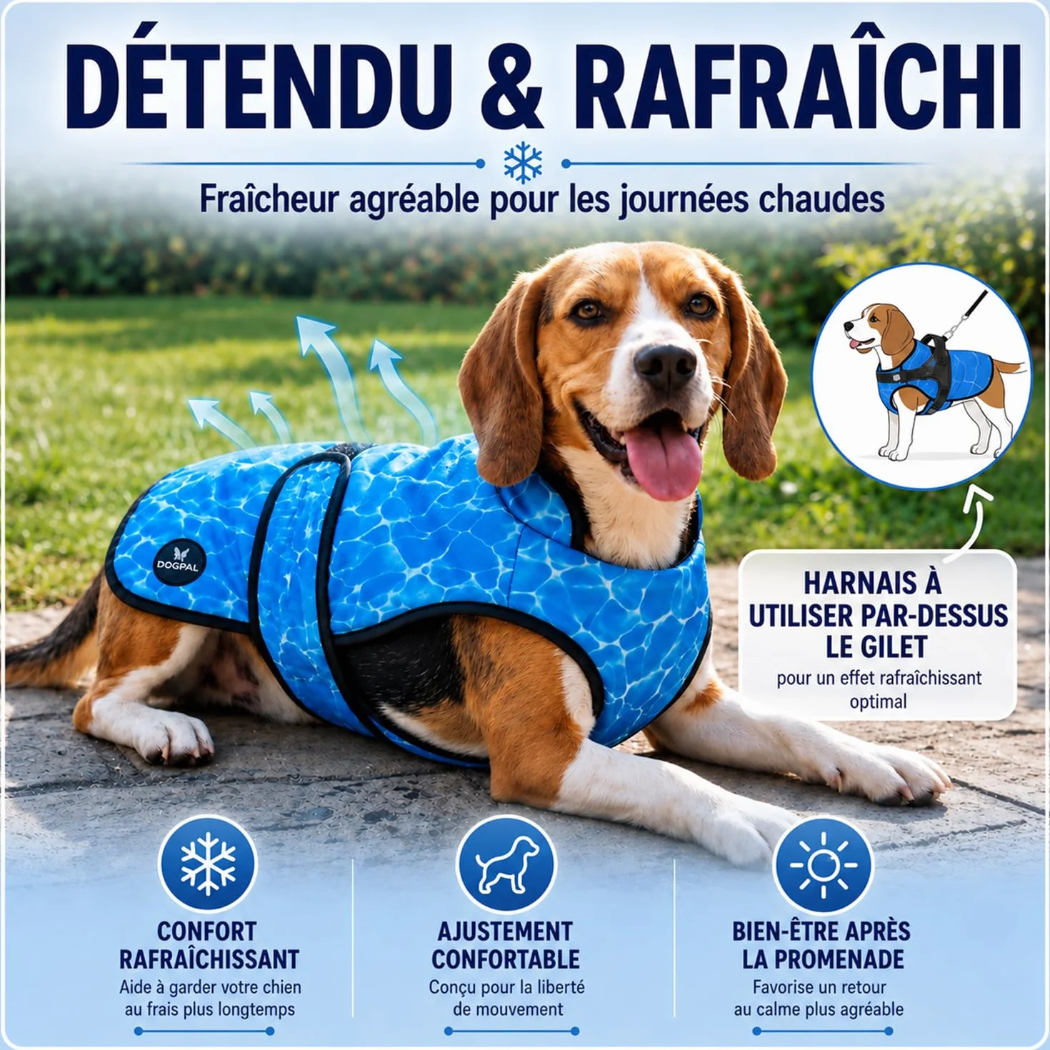 DOGOPAL Gilet Rafraîchissant pour Chien Activé par l'Eau, Veste Réfrigérante avec Protection UV, Manteau d'Été Léger et Respirant à Col Haut (Bleu, XXL)