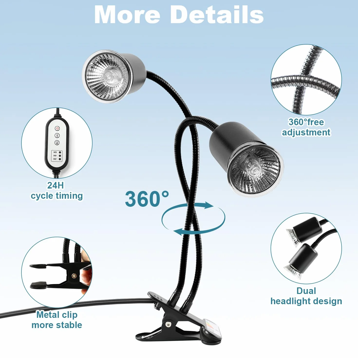 Lampe Chauffante Tortue à Deux Têtes 25W+50W Reptiles E27 UVA+UVB avec Minuterie Noir