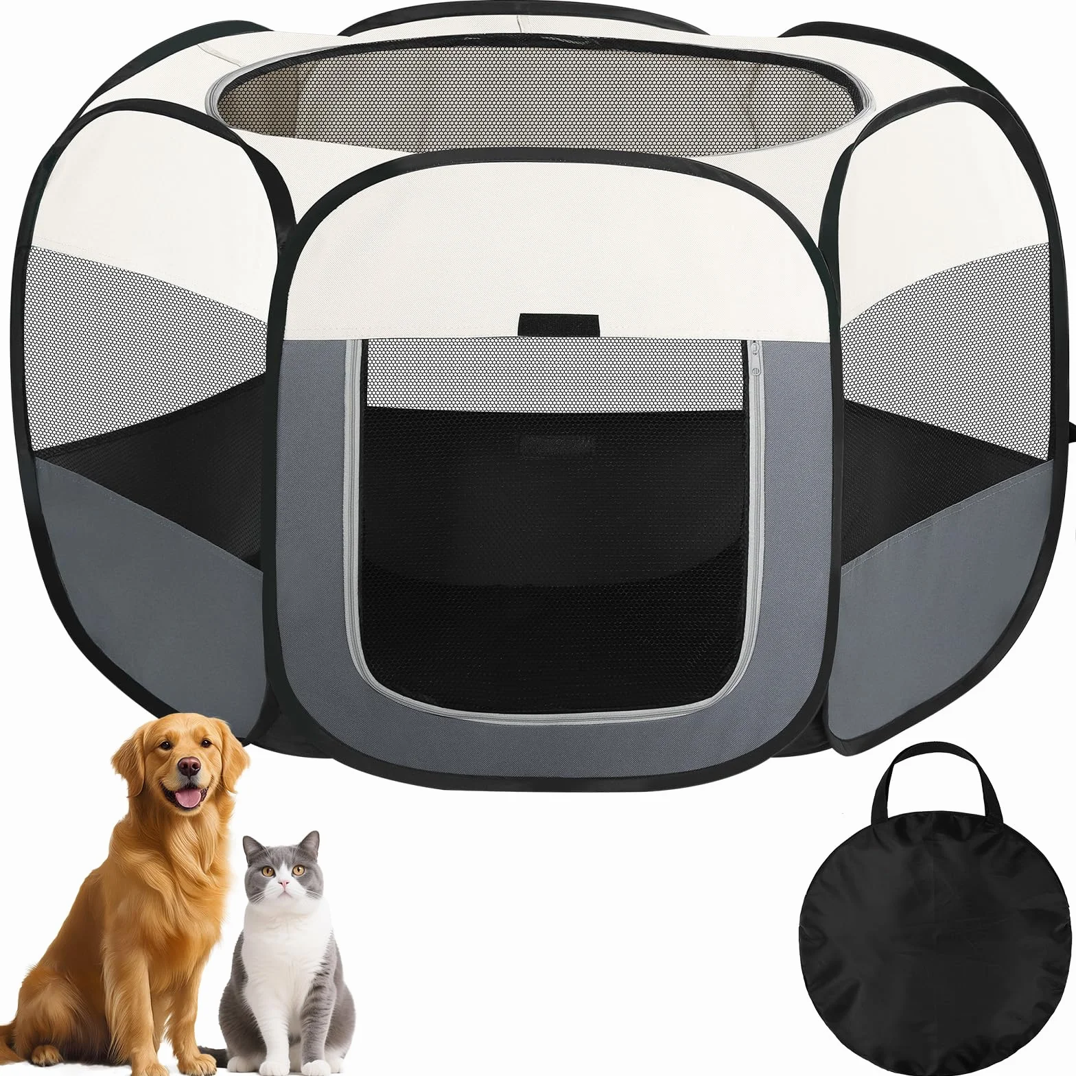 Parc pour Chien Pliable Portable avec Sac Rangement, Enclos pour Chat Chiot Petits Animaux Interieur Exterieur, Tissu Oxford Beige White 110x110x60cm