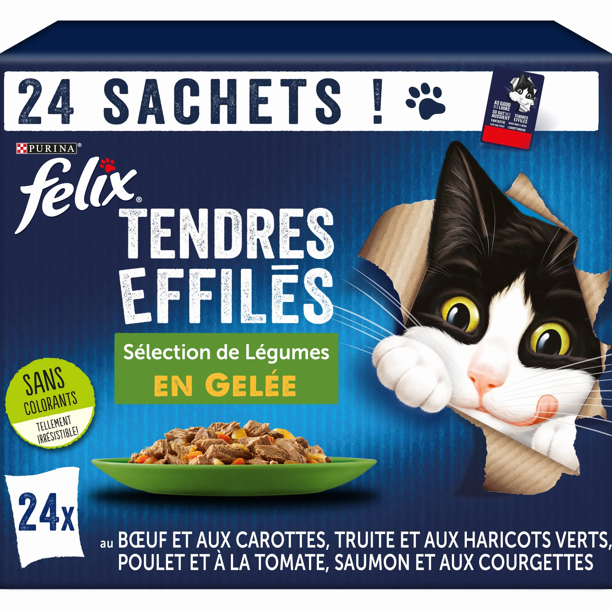 Felix Tendres Effilés Chat Adulte En Gelée 24 x 85g Sélection Mixte aux Légumes Saumon Truite Bœuf Poulet