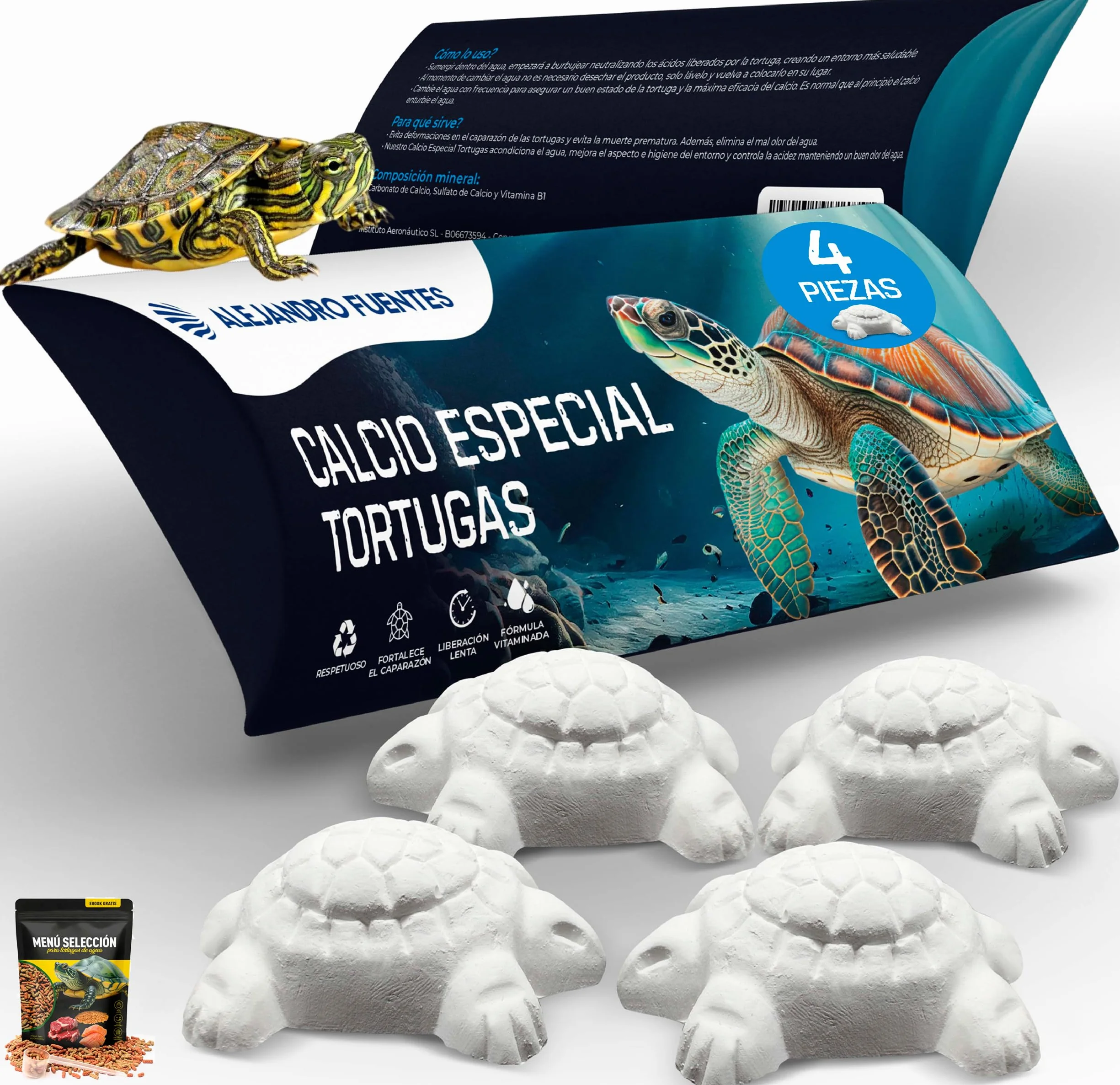 AF® Os de Seiche Tortue Alternatif, Pack 4 Pièces Calcium Tortue Terrestre et Aquatique, Bloc Minéral Libération Lente, Carapace Forte et Eau Propre, Formule Vitaminée Naturelle