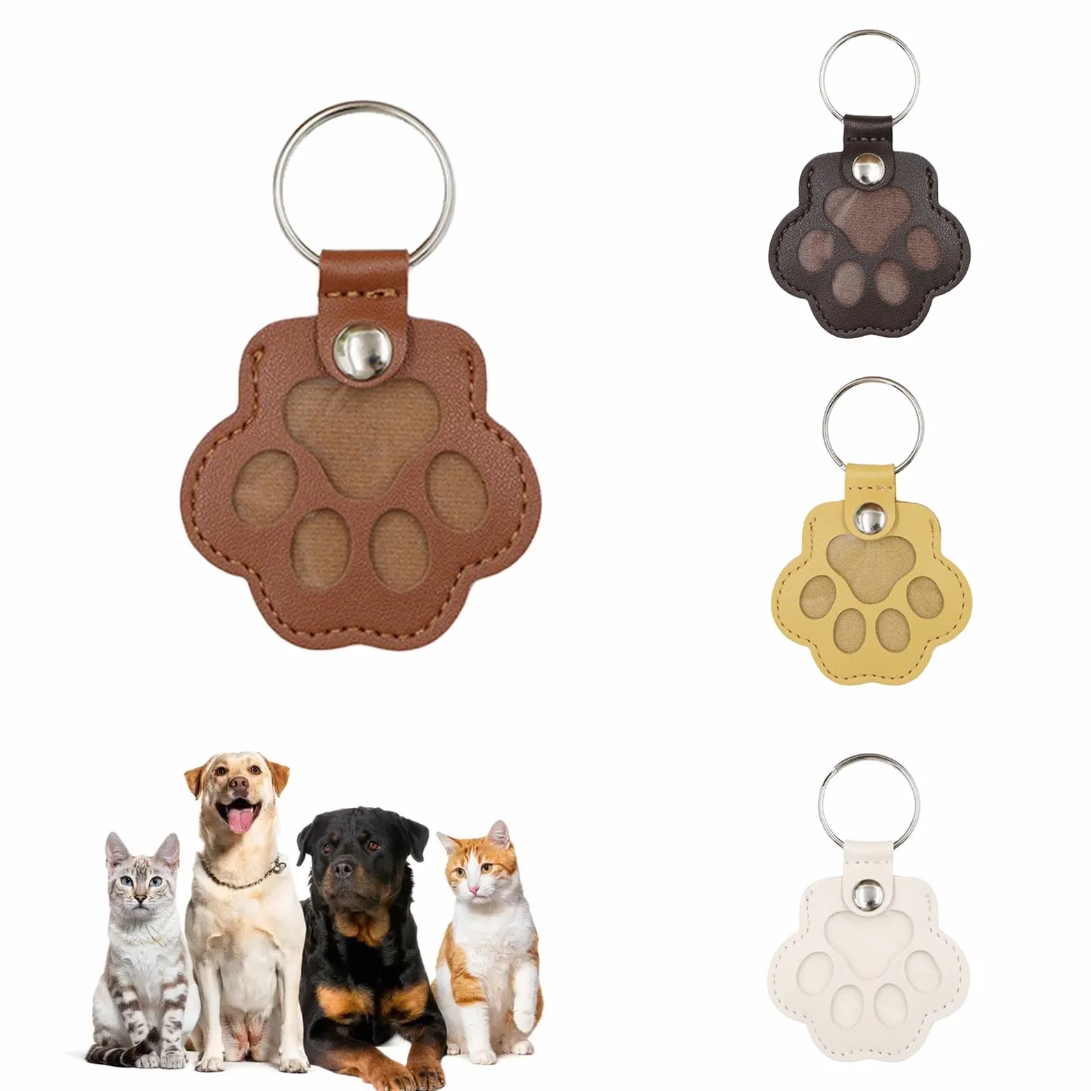 Porte-clés commémoratif en cuir patte de chien et chat, boite souvenir poils animal (marron)