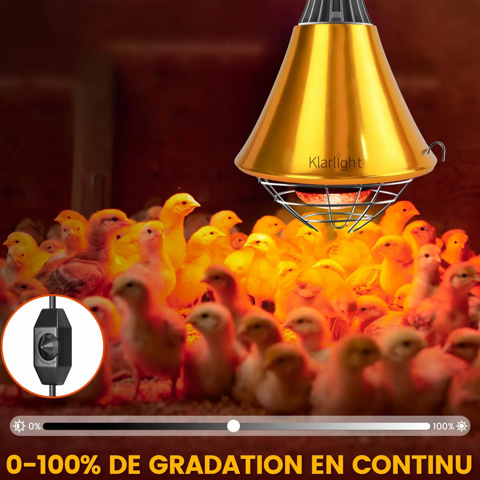 Klarlight Chauffante Infrarouge Dimmable 275W avec Grille de Protection, Câble 2m pour Poulailler Poussins Cochons (Sans Ampoule)