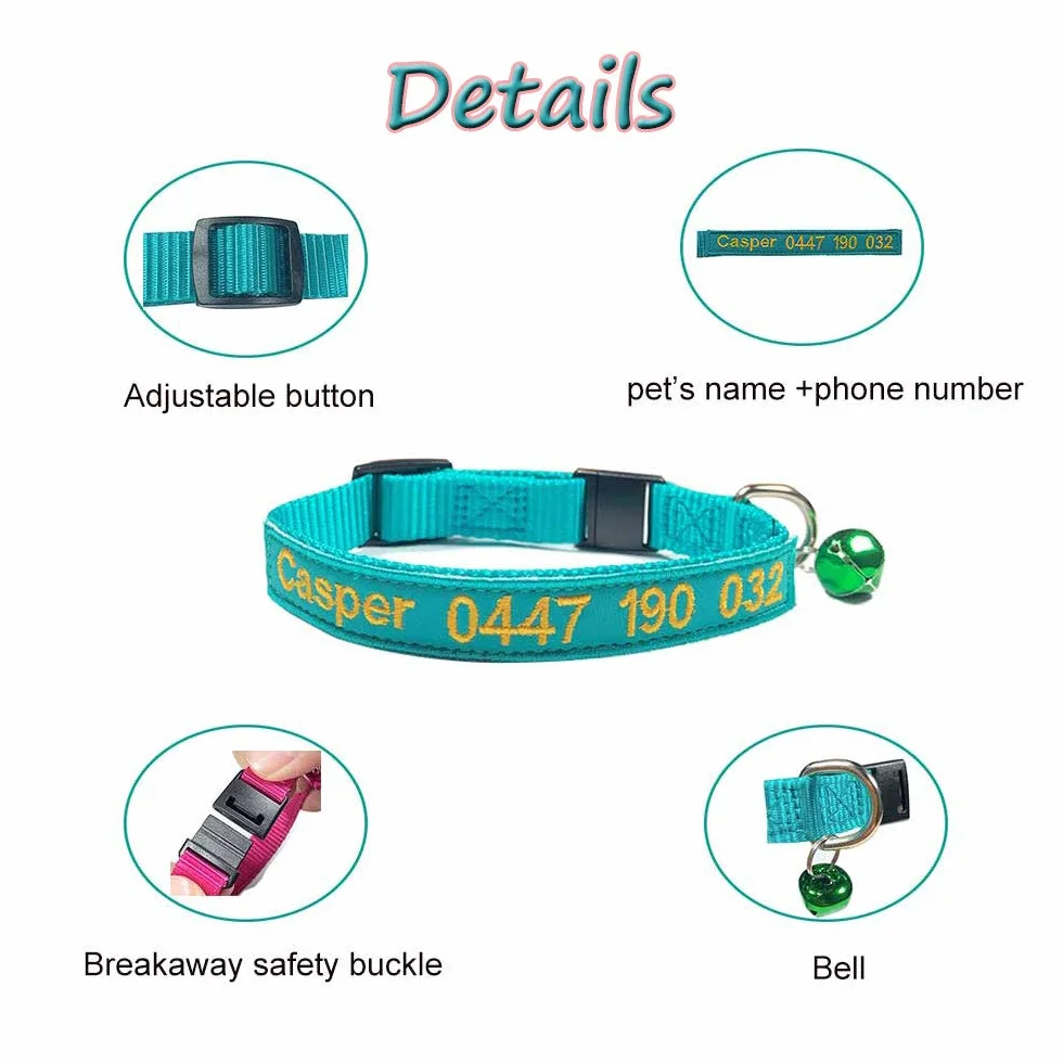 Collier personnalisé pour chat avec cloche et boucle de sécurité, nom brodé
