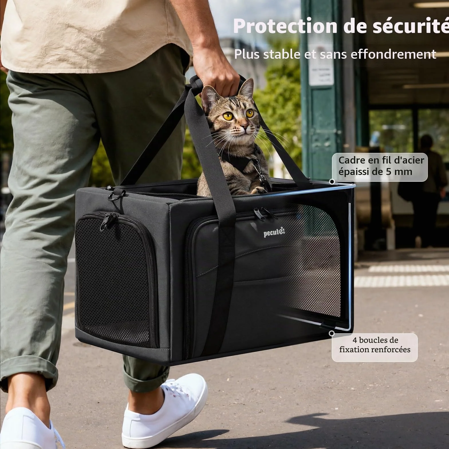 Pecute Sac de Transport Extensible Extra Stable en Maille Respirante pour Chat avec Zone Cachée, Gris Foncé