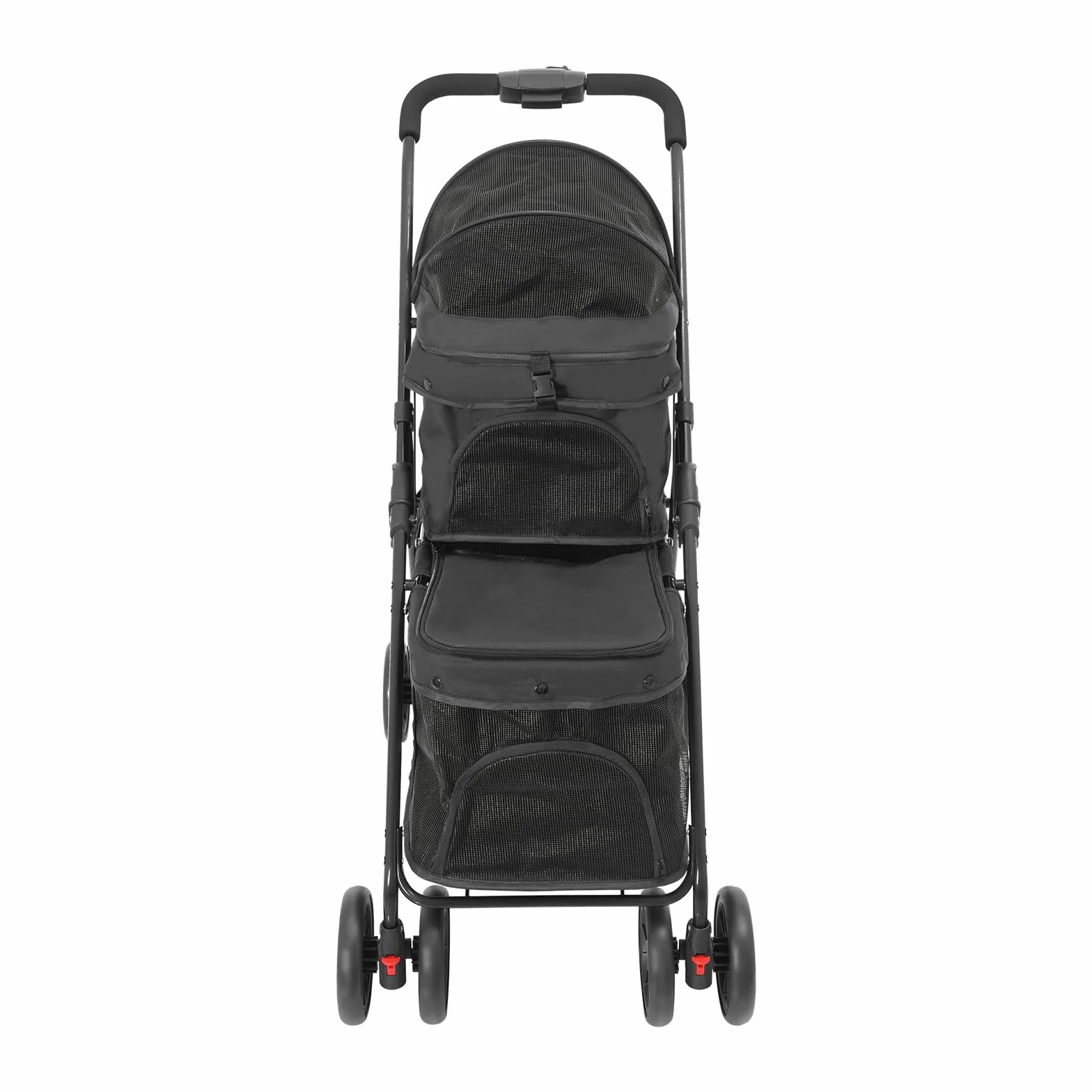 Poussette pliable à 2 couches pour chiens et chats - Avec fenêtre en filet, frein et sac de rangement - Cadre solide en acier au carbone - Charge maximale : 40 kg - 95 x 60 cm - Noir