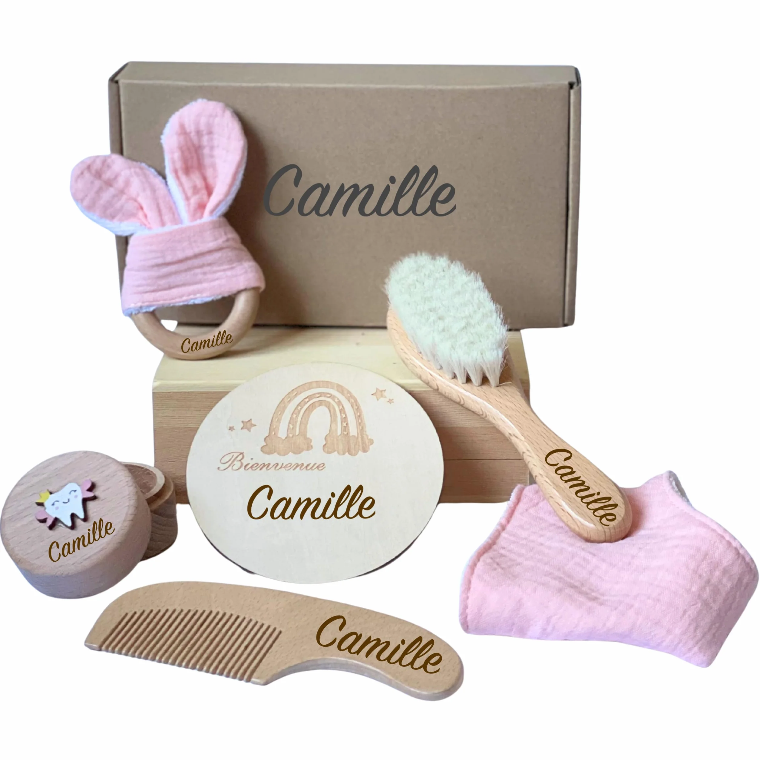Coffret de Naissance Personnalisé Cadeau Bébé Fille Garçon Boîte Souvenir Prénom Gravé Rose