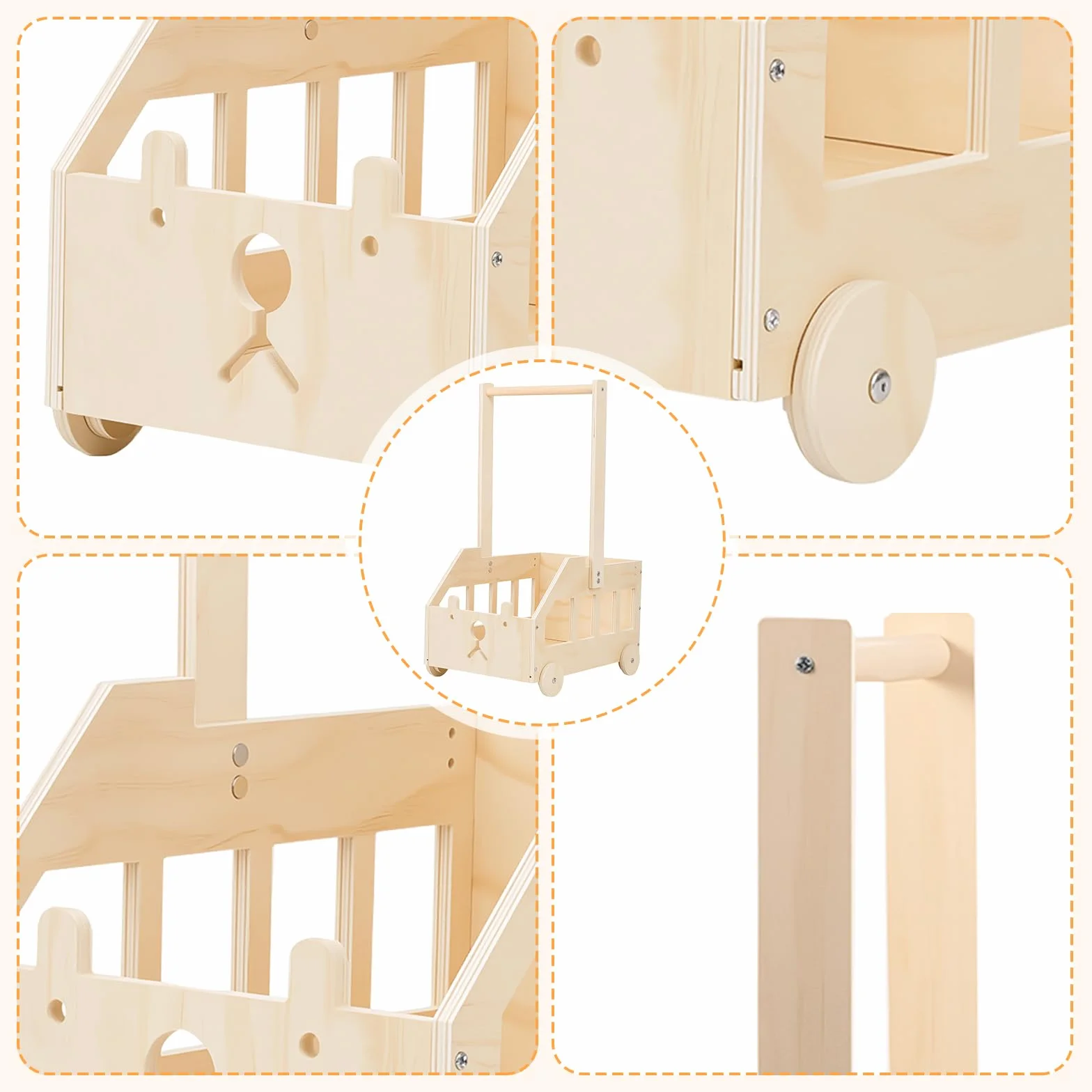 Panier Naissance Bébé en Bois Motif Ours Coffret Cadeau avec Poignée et Roulettes