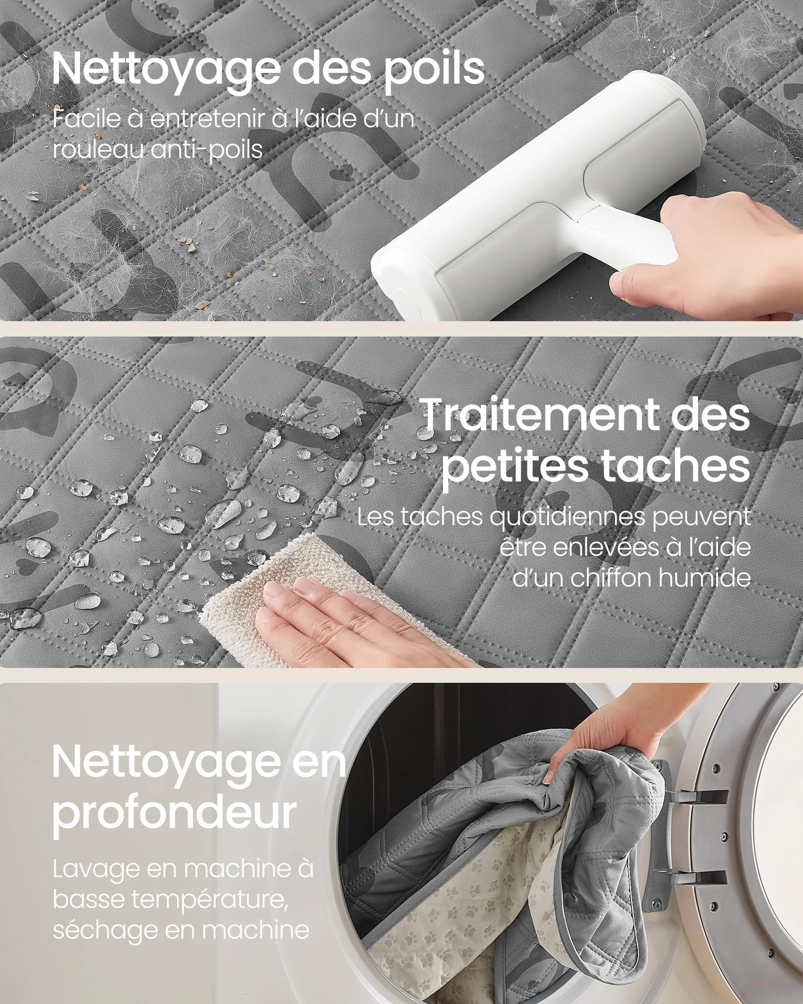 Feandrea Couverture Chien Imperméable 135 x 76 cm Housse Protection Canapé Antidérapant Matelassé Gris Tourterelle