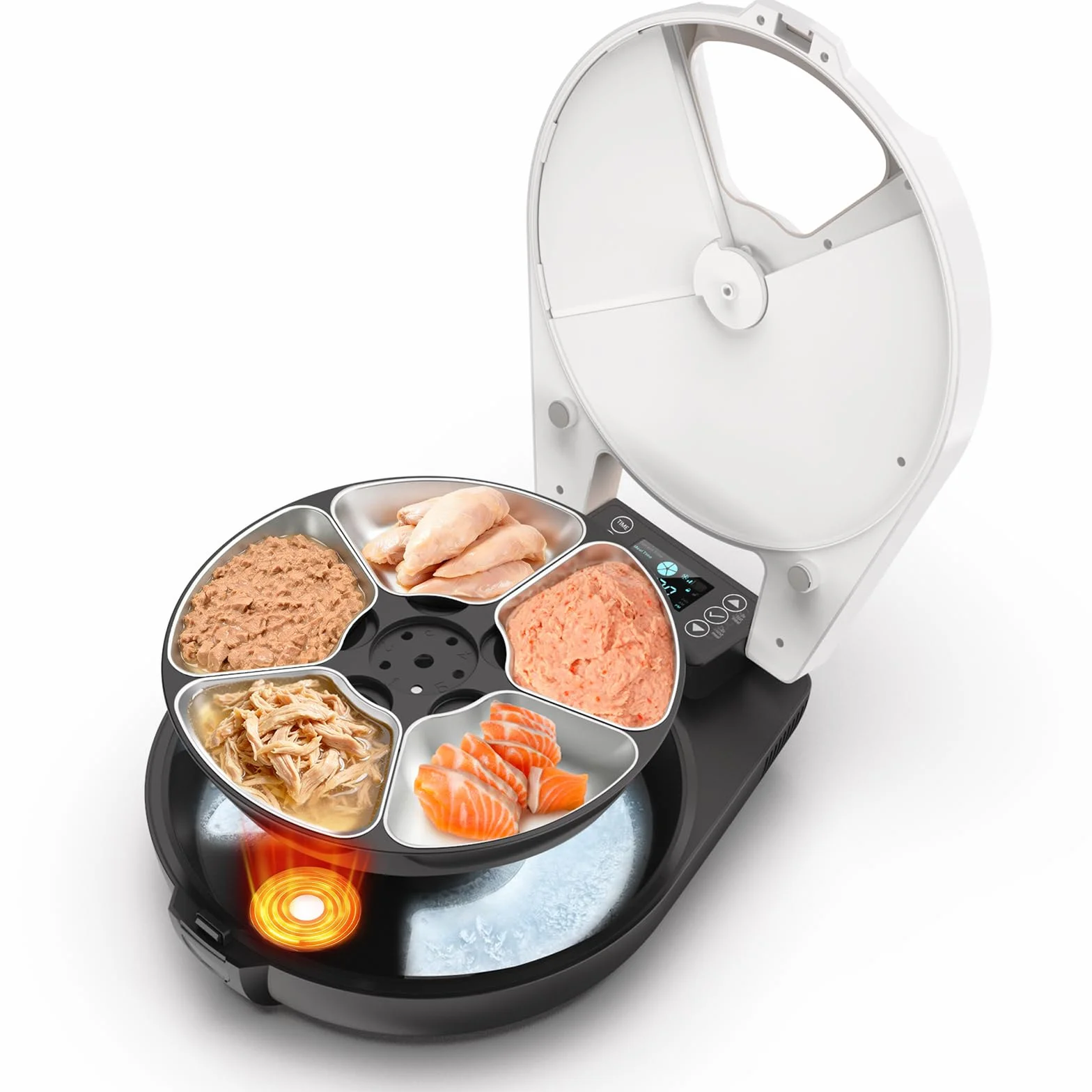Distributeur Nourriture Humide Chat, 5 Repas Frais, Refroid & Chauff, Bol INOX 304, Automate Programmable