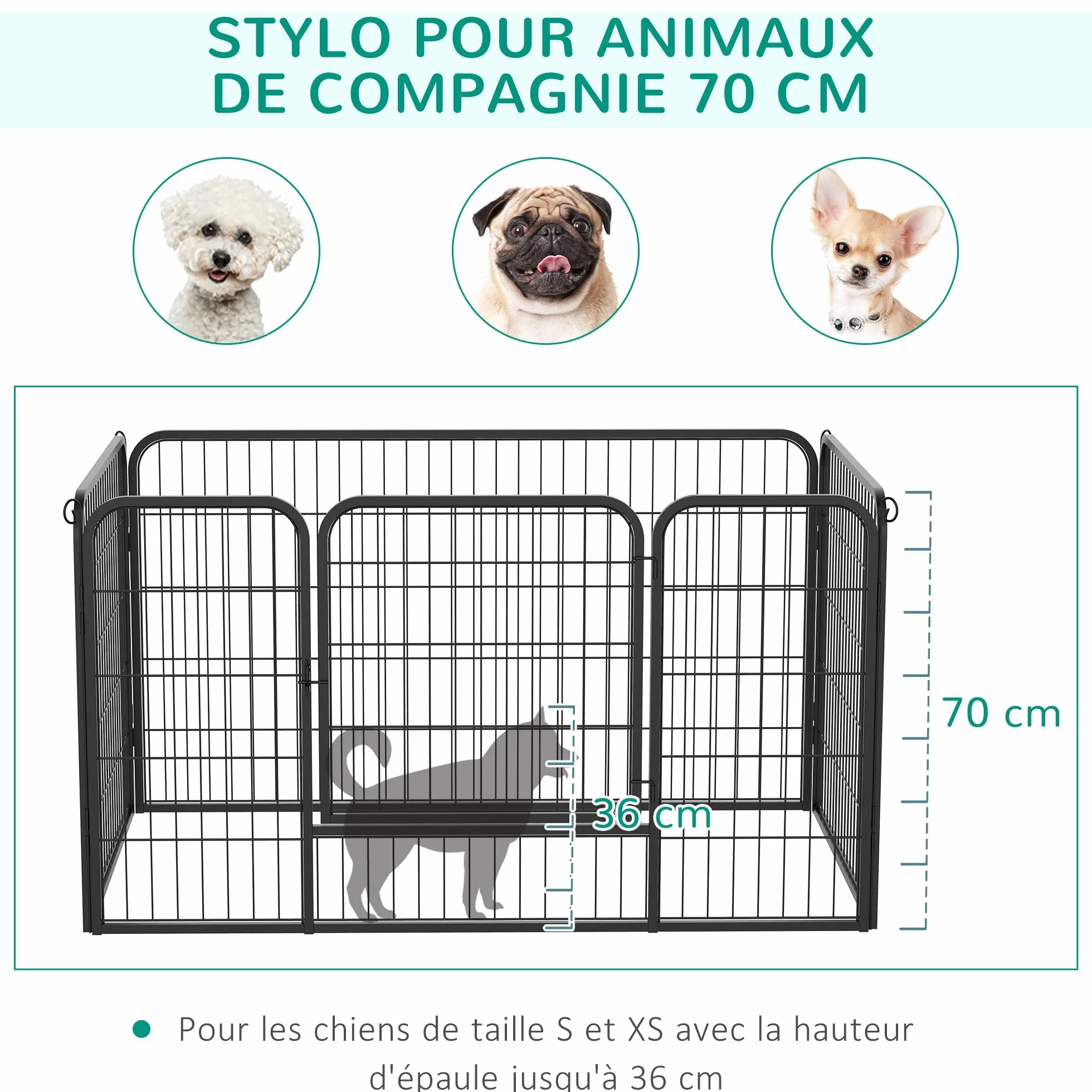 PawHut Luxe Parc enclos modulable Acier 4 Panneaux 1 Porte pour Chiens Lapins Petits Animaux 125x80x70 cm Noir