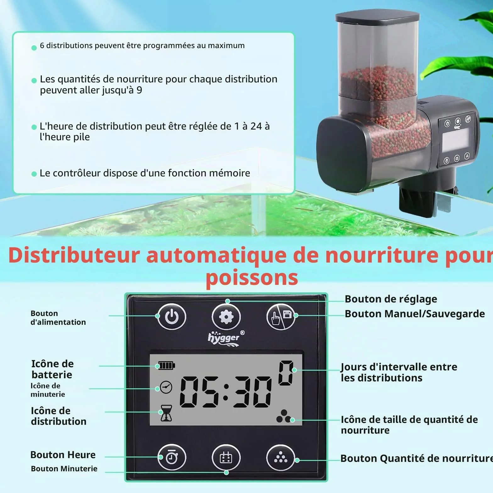 Distributeur Automatique Poisson hygger 500ml Mangeoire Aquarium LCD Koi Fish Feeder