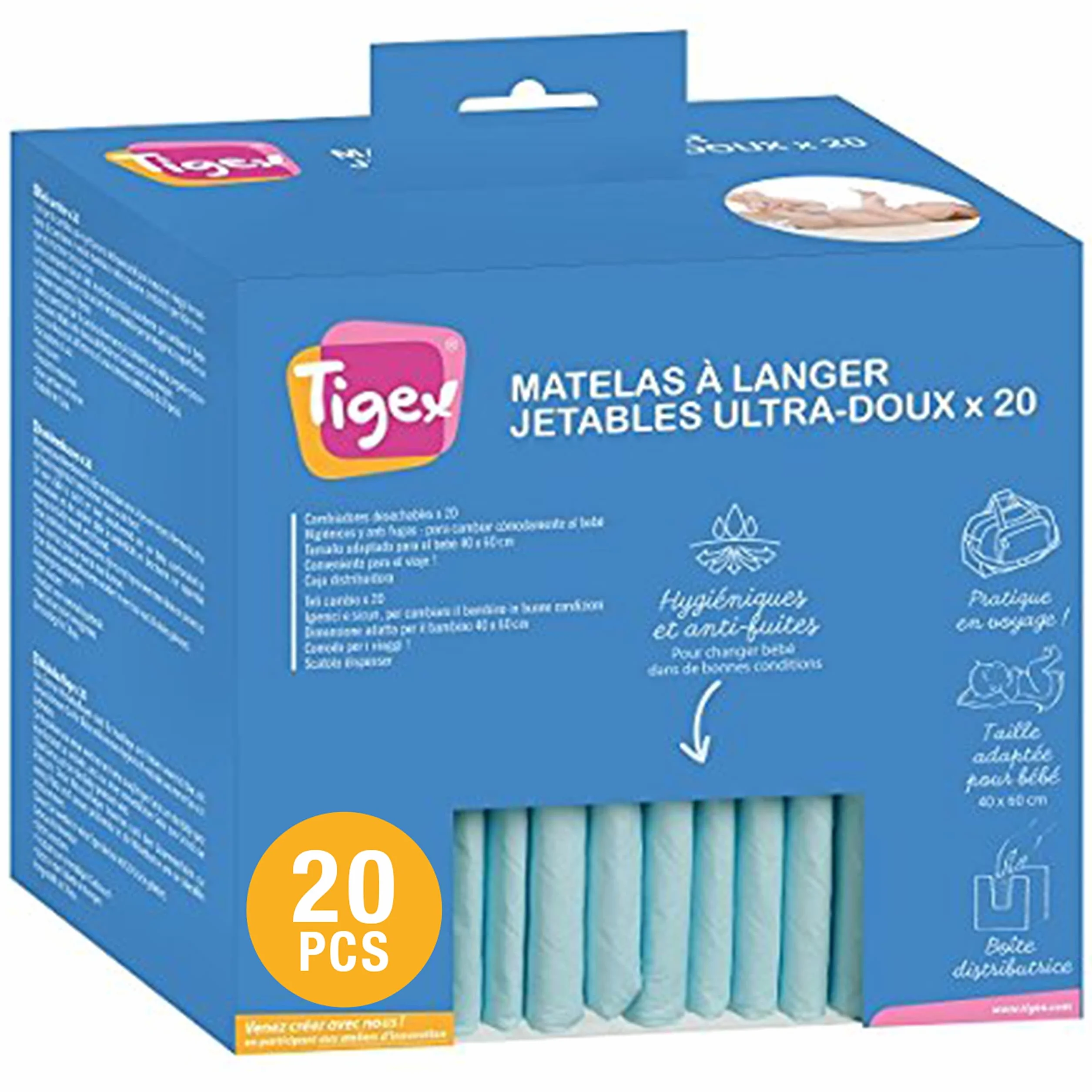 Tigex Protections Jetables pour Matelas à Langer, Blanc/Bleu, Lot de 20