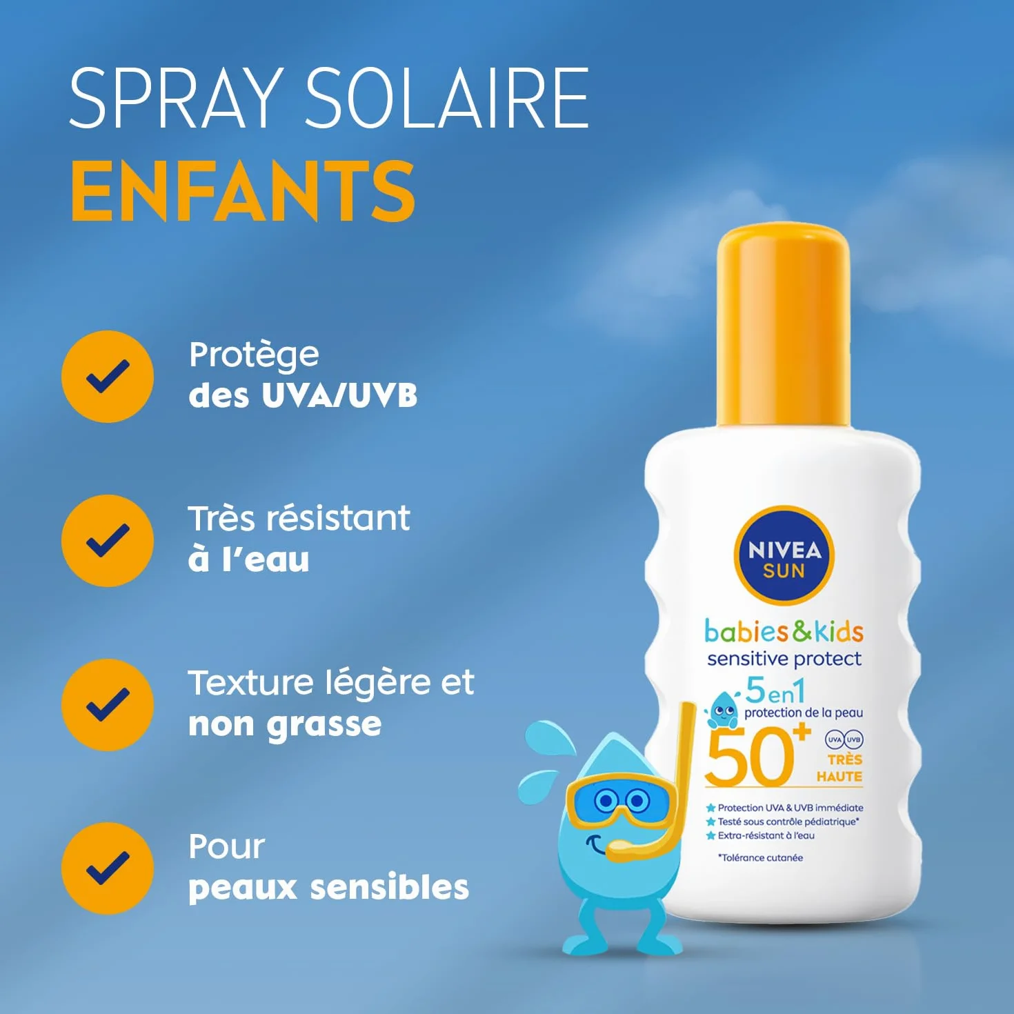 NIVEA SUN Kids Spray Solaire Protect & Play Sensitive FPS 50+ 200 ml Protection Anti UV Sans Parfum Résistante à l'Eau