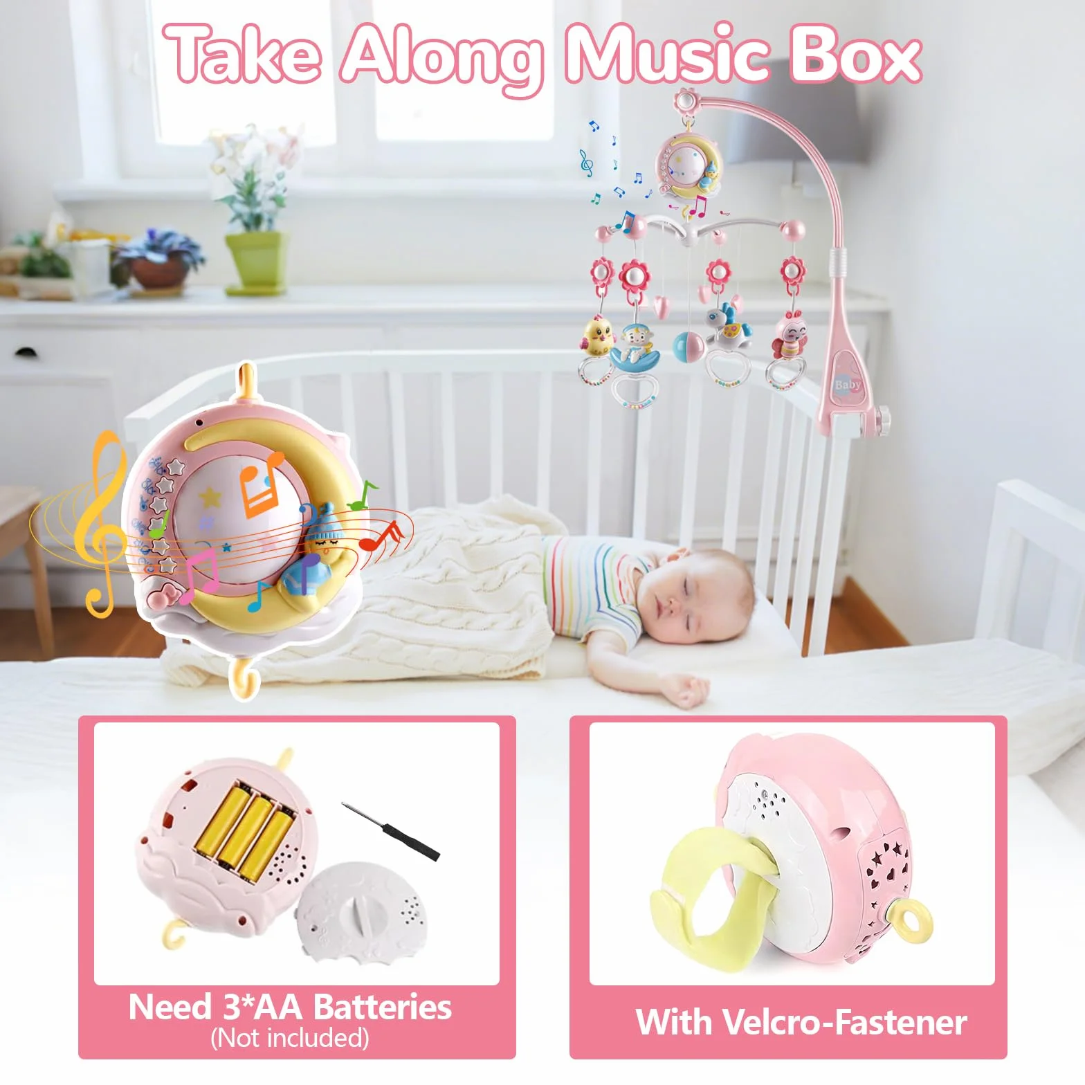 Mobile Musical Lit Bébé avec Veilleuse et Projecteur, 150 Berceuses, Hochets Rotatifs, Boîte à Musique, Télécommande
