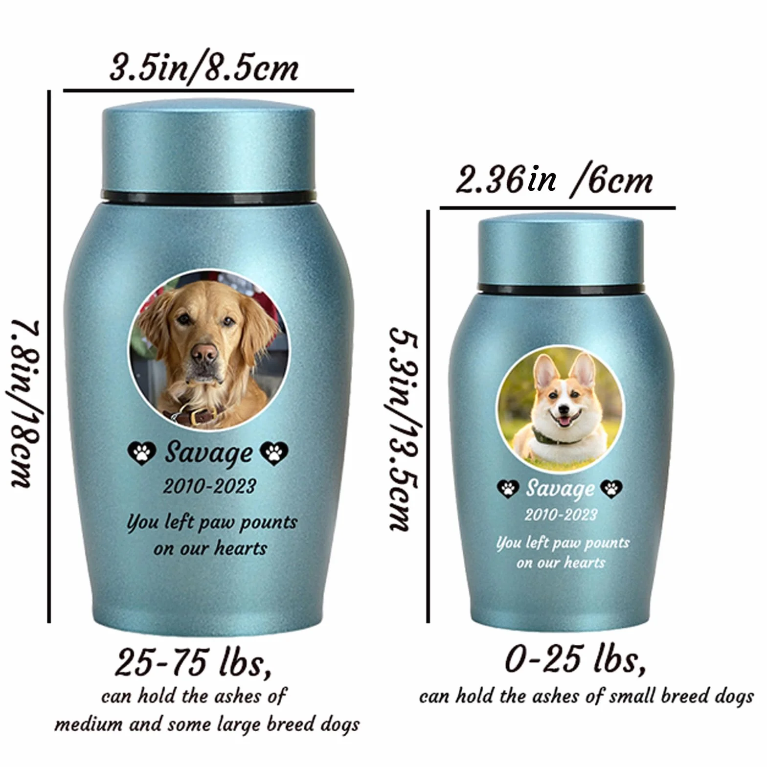 Urnes pour Cendres de Chien personnalisées en Acier Inoxydable, Bleu, Big