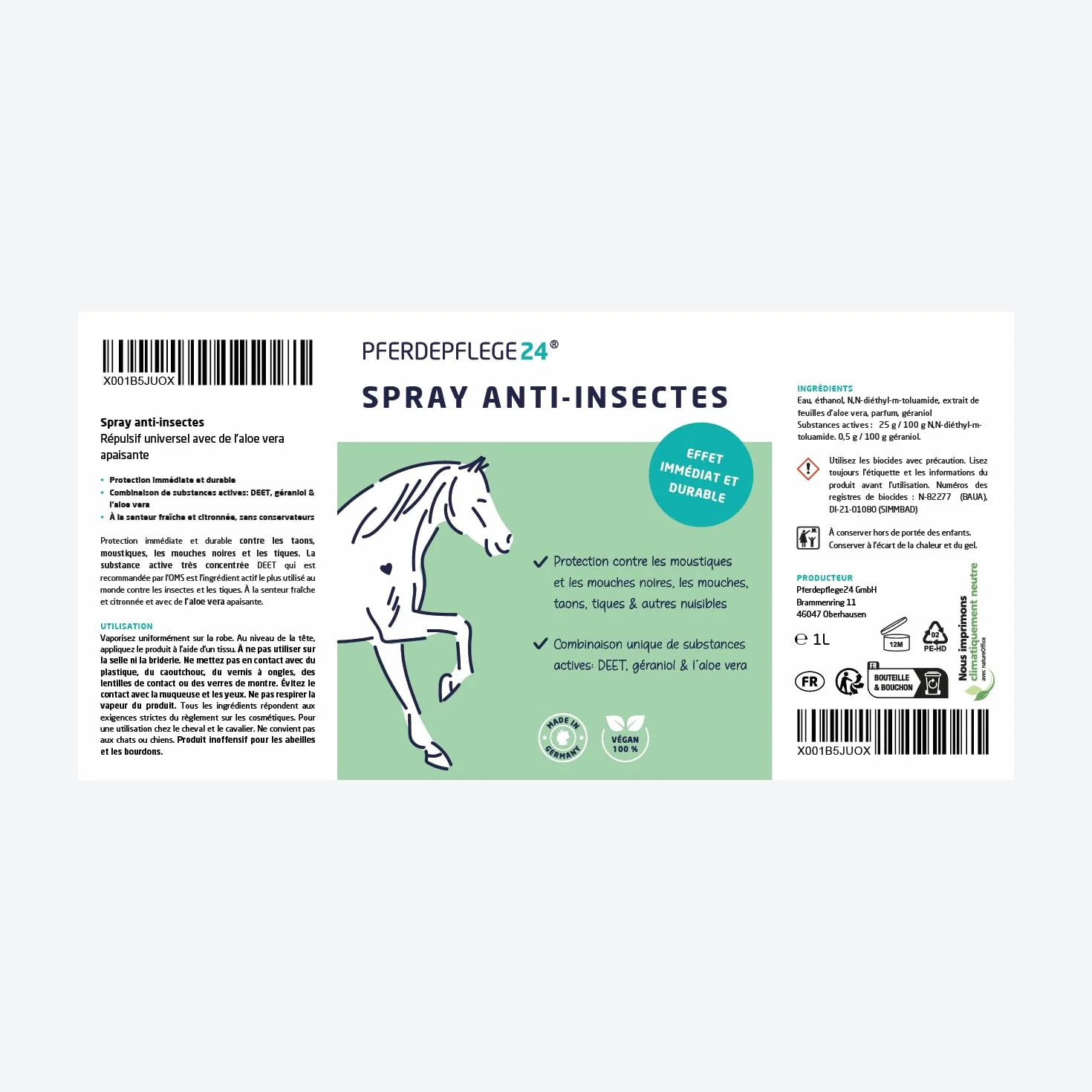 PFERDEPFLEGE24 Spray Anti Mouche Cheval DEET 1000ml - Protection Anti-Insectes pour Chevaux