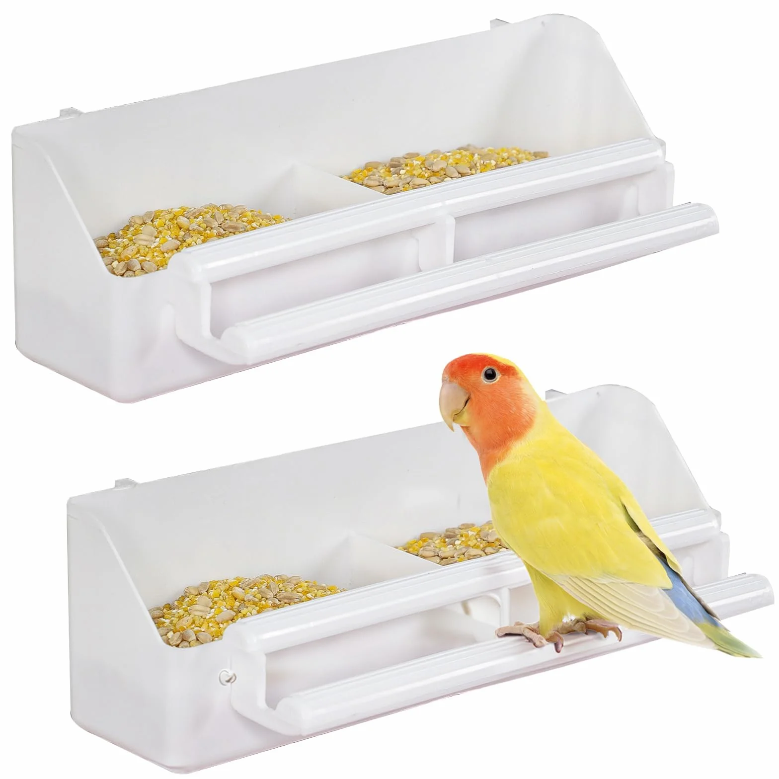 Pawfly 2 pièces Mangeoires pour Cage Suspendues en Plastique avec Crochets, Distributeur d'eau pour Oiseaux avec Perchoirs, Abreuvoir et Bol à Nourriture pour Perruche Calopsitte Canari