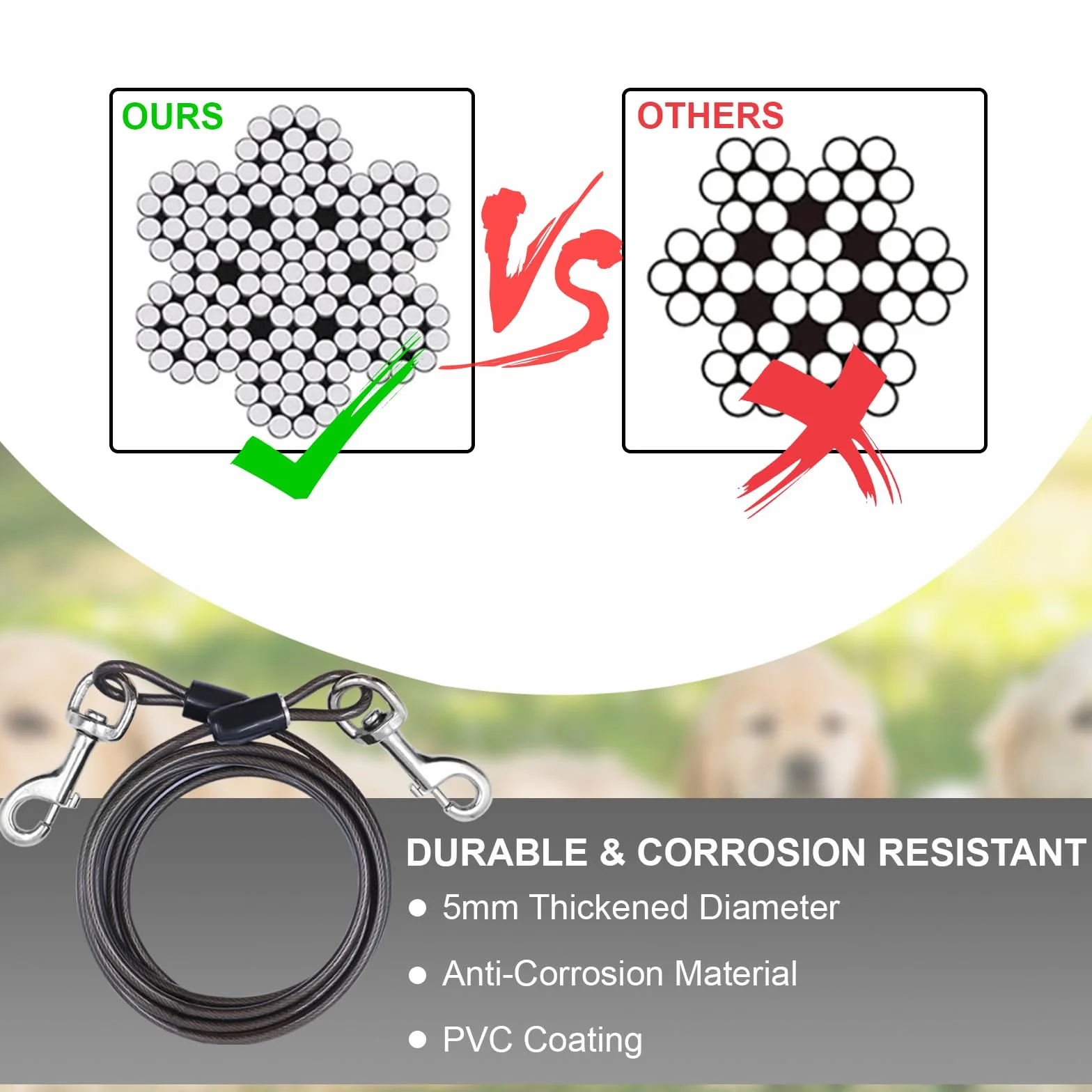 Laisse Chien 3m avec Crochet Pivotant 360° pour Extérieur Camping, Jusqu'à 125 lbs Noir