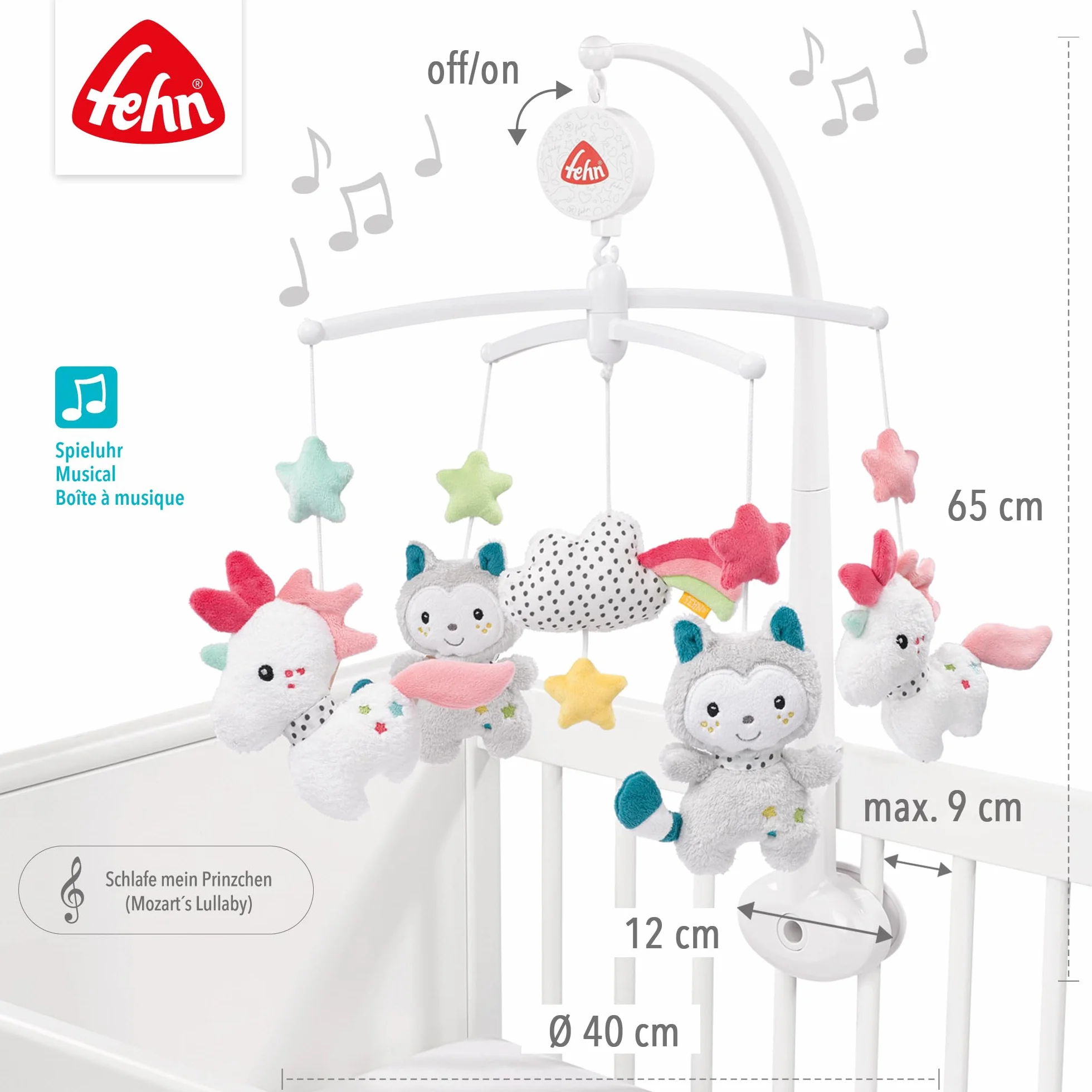 Fehn Aiko et Yuki Mobile musical pour bébé avec animaux mignons Mélodie Berceuse de Mozart – Jouet musical mobile 0-5 mois