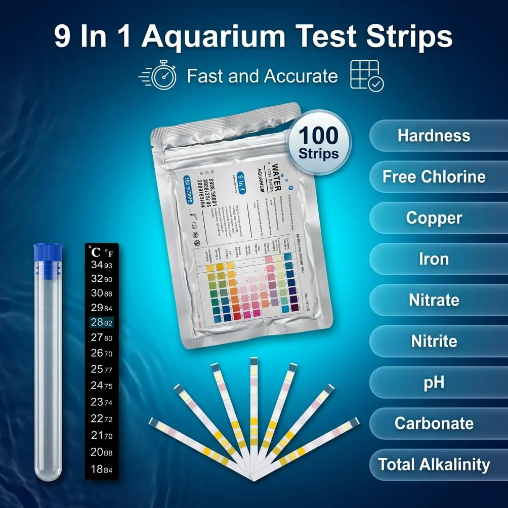 Bandelettes Test Eau Aquarium 9 en 1 Lot de 100, Kit Test Aquarium Eau Douce et Eau Salée