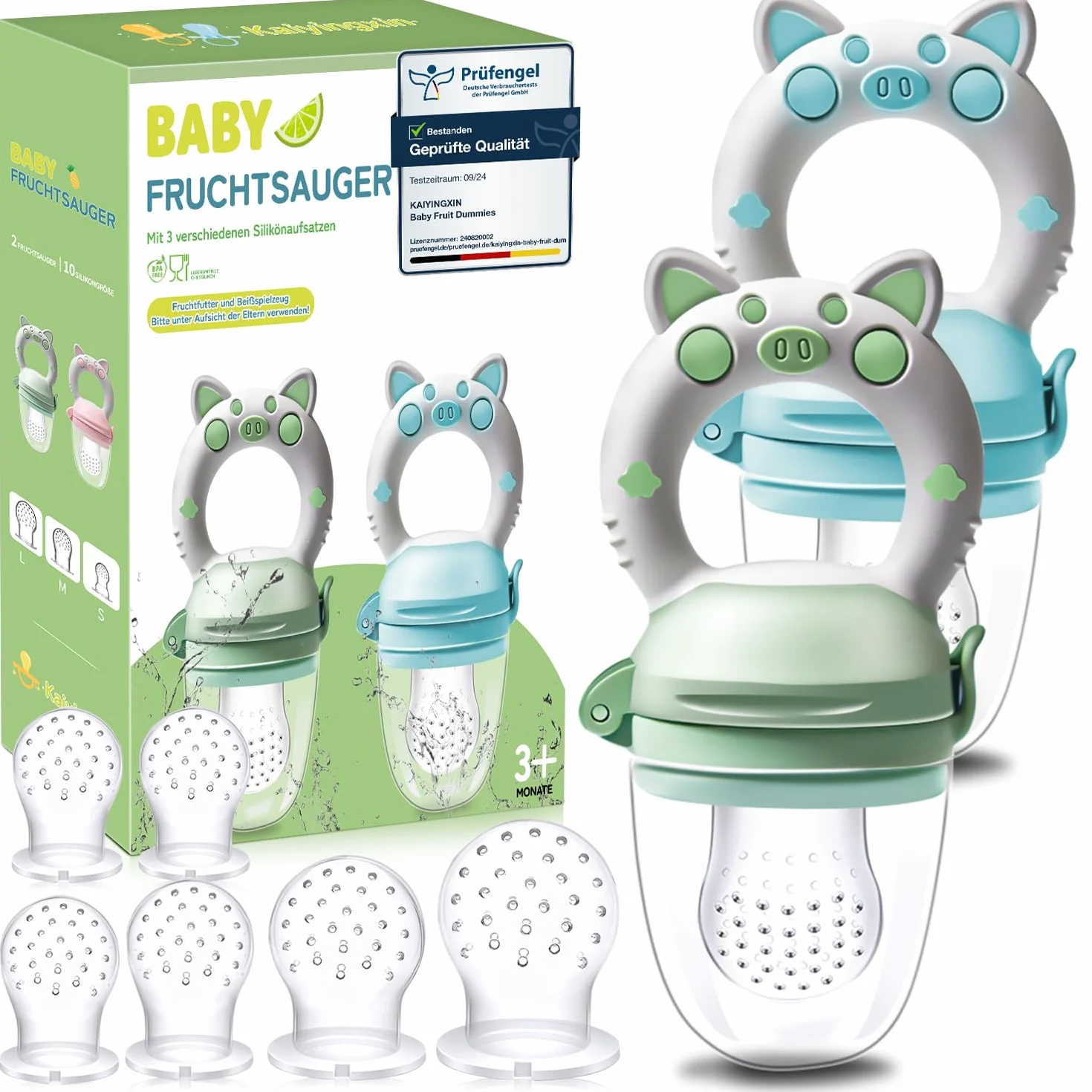 Grignoteuse Bébé Tetine Bebe - 2 Fruit Grignoteuses + 8 Tailles de Tétines Sans BPA, pour Enfants de 3 à 24 Mois, Vert+Bleu