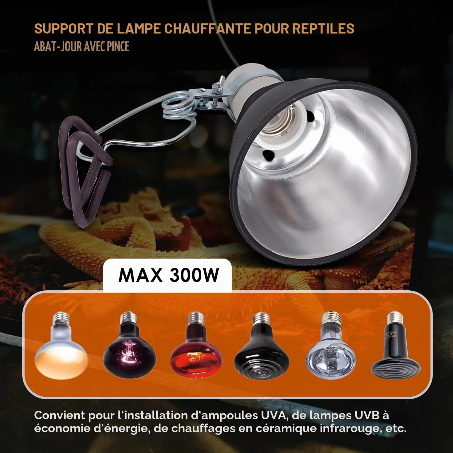Support de lampe chauffante E27 Dôme profond Clip 5,5 pouces Chauffe-tortue Réservoir reptiles Protection filet
