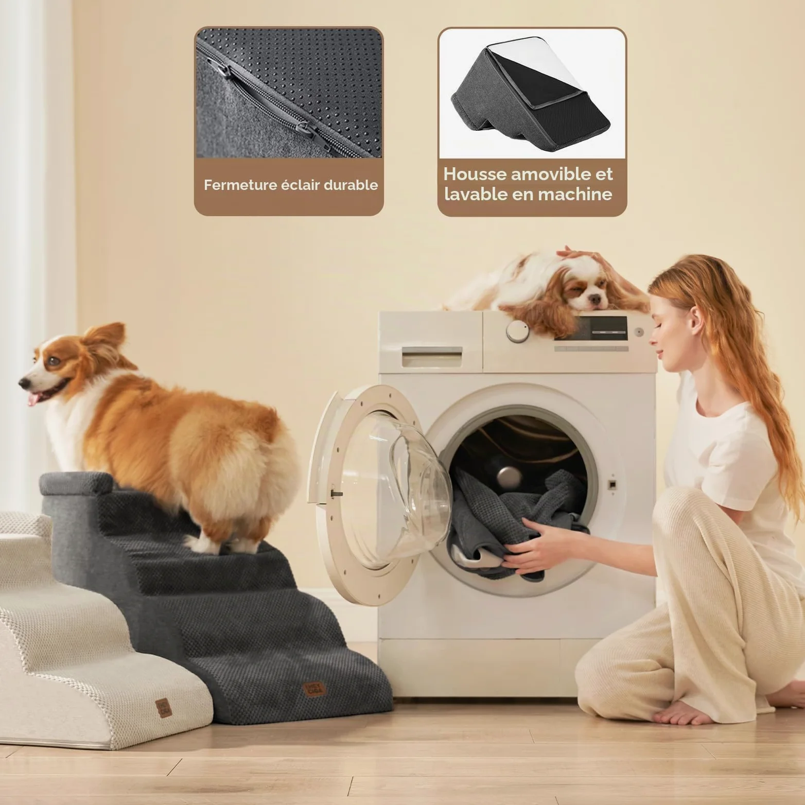 EHEYCIGA Escalier Chien 4 Marches 44.7cm H, Rampe Chien pour Canapé Lit | Mousse Haute Densité, Surface Antidérapante, Housse Amovible et Lavable, Pour Petits Chiens et Chats, Gris