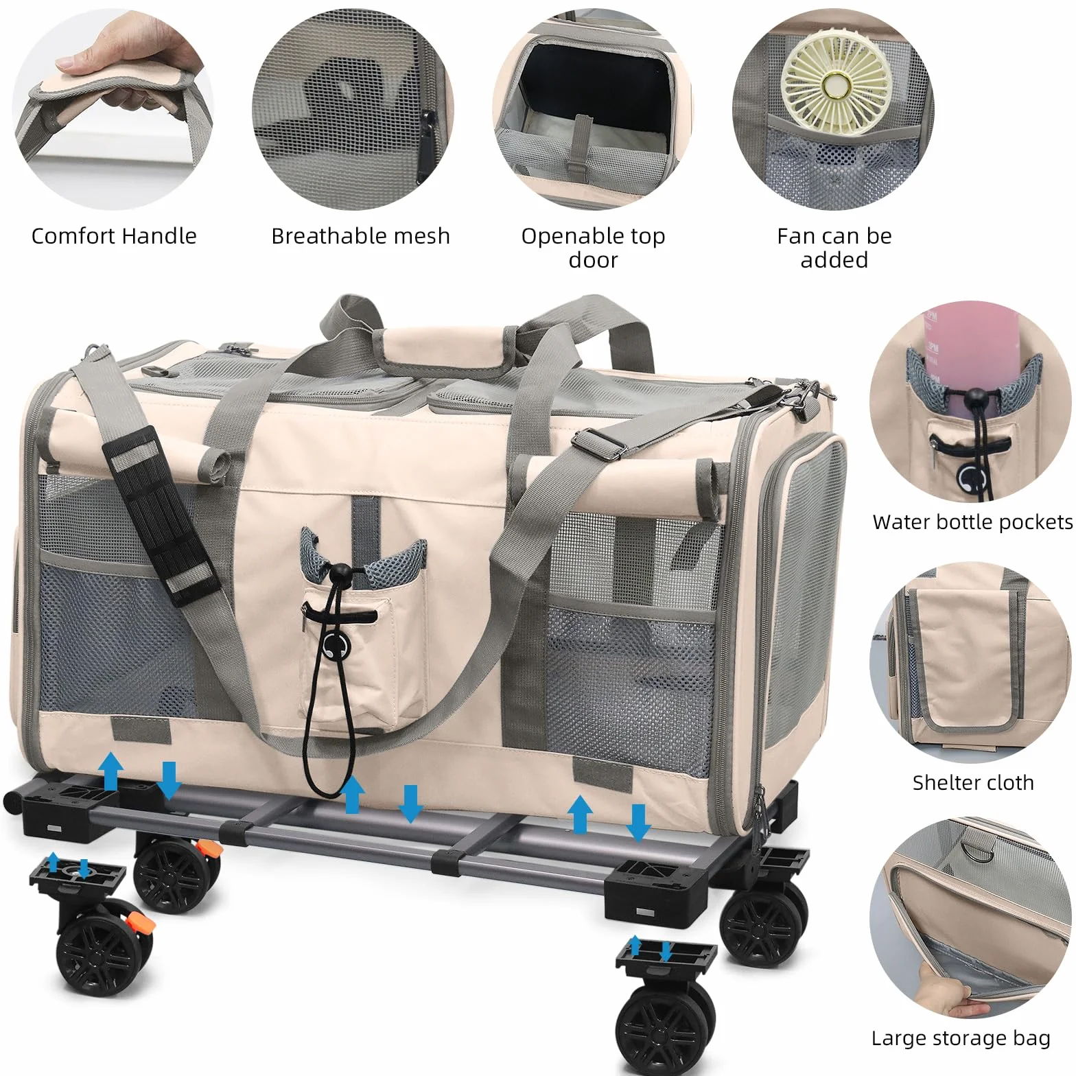Grand sac de transport pour chats pliable sur roues 2-en-1 avec baguette magique