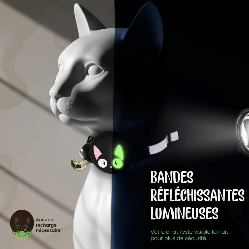 Collier Chat GPS Réfléchissant Lumineux Anti-étranglement Réglable Compatible Airtag Apple