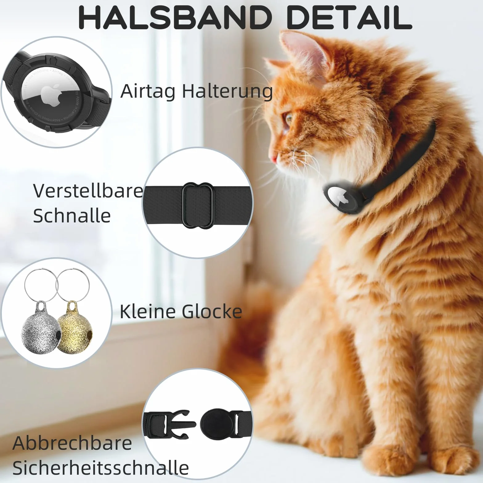 Collier Chat Airtag Extensible avec Protecteur et Cloche Noir