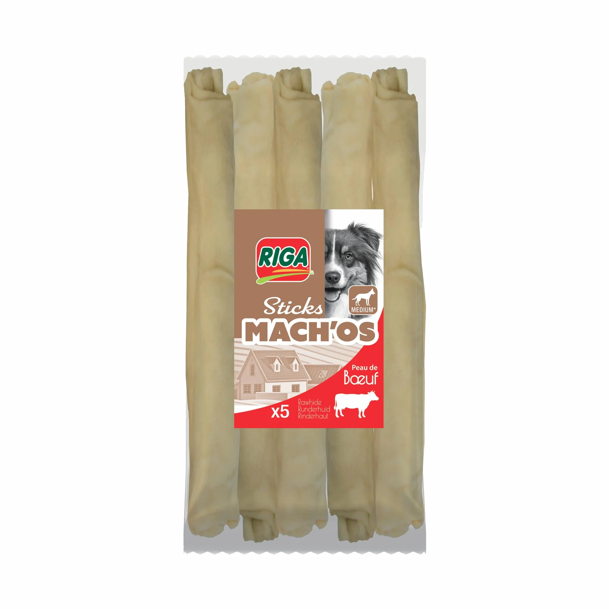 Riga - Mach'os - Barre Soufflée Blanche - Friandise pour Chien - Peau De Buffle - Riche en Protéines - Hygiène Buccale - Mastication Et Récompense - pour Moyen Chien - x 5