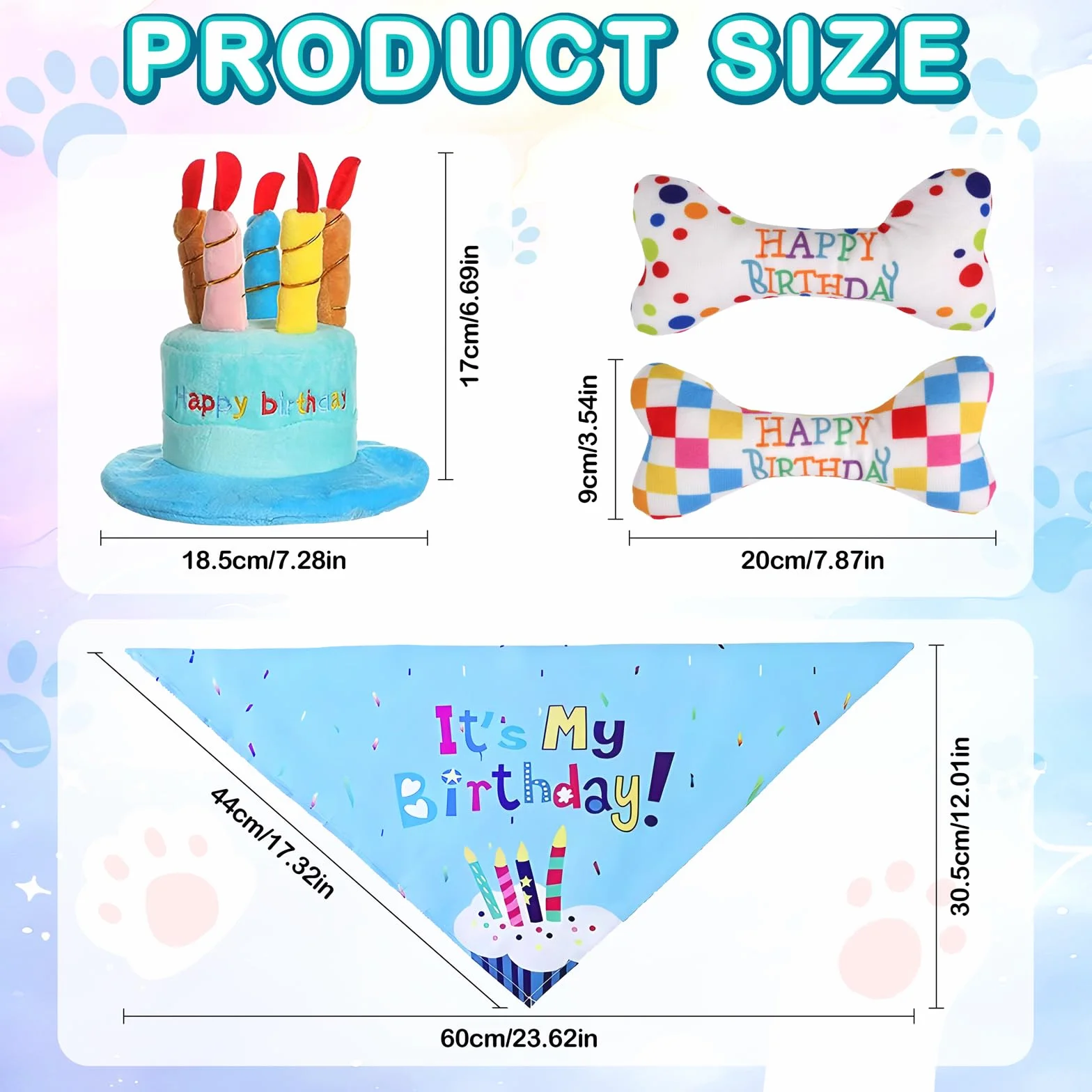 Lot de 4 jouets d'anniversaire pour chien - couineur réglable - chapeau - bandana - os en peluche