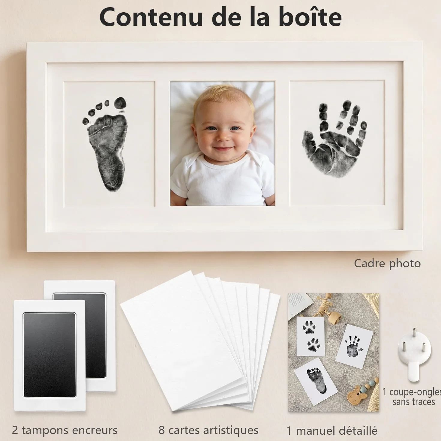 Cadre Empreintes Bébé Encre avec Tampon Encreur Clean Touch Non Toxique Cadeau Bébé Blanc