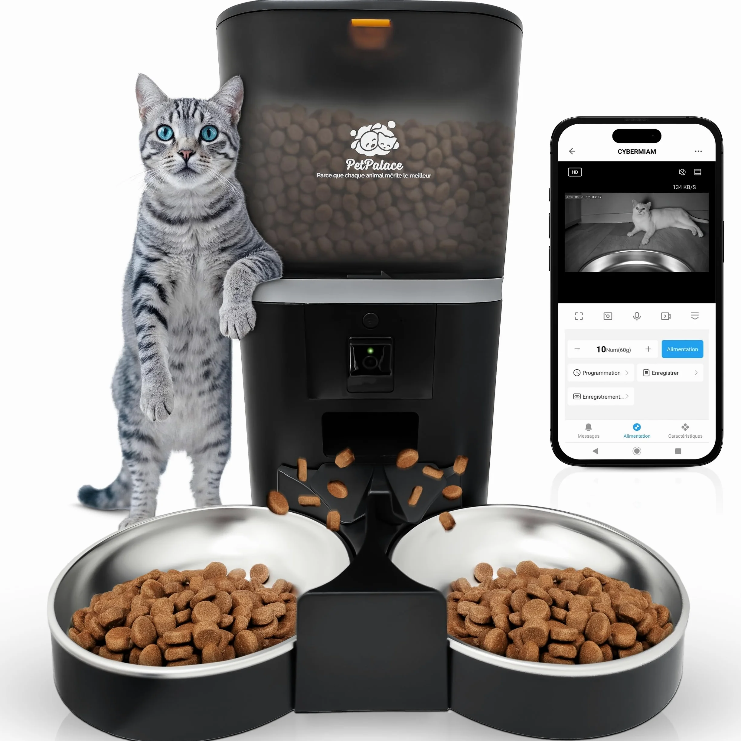 Distributeur croquettes Chat Automatique Double gamelle avec caméra – Nourriture équitable pour 2 Chats ou Plus – Surveillance à Distance – Sérénité pour Vous, Confort pour eux