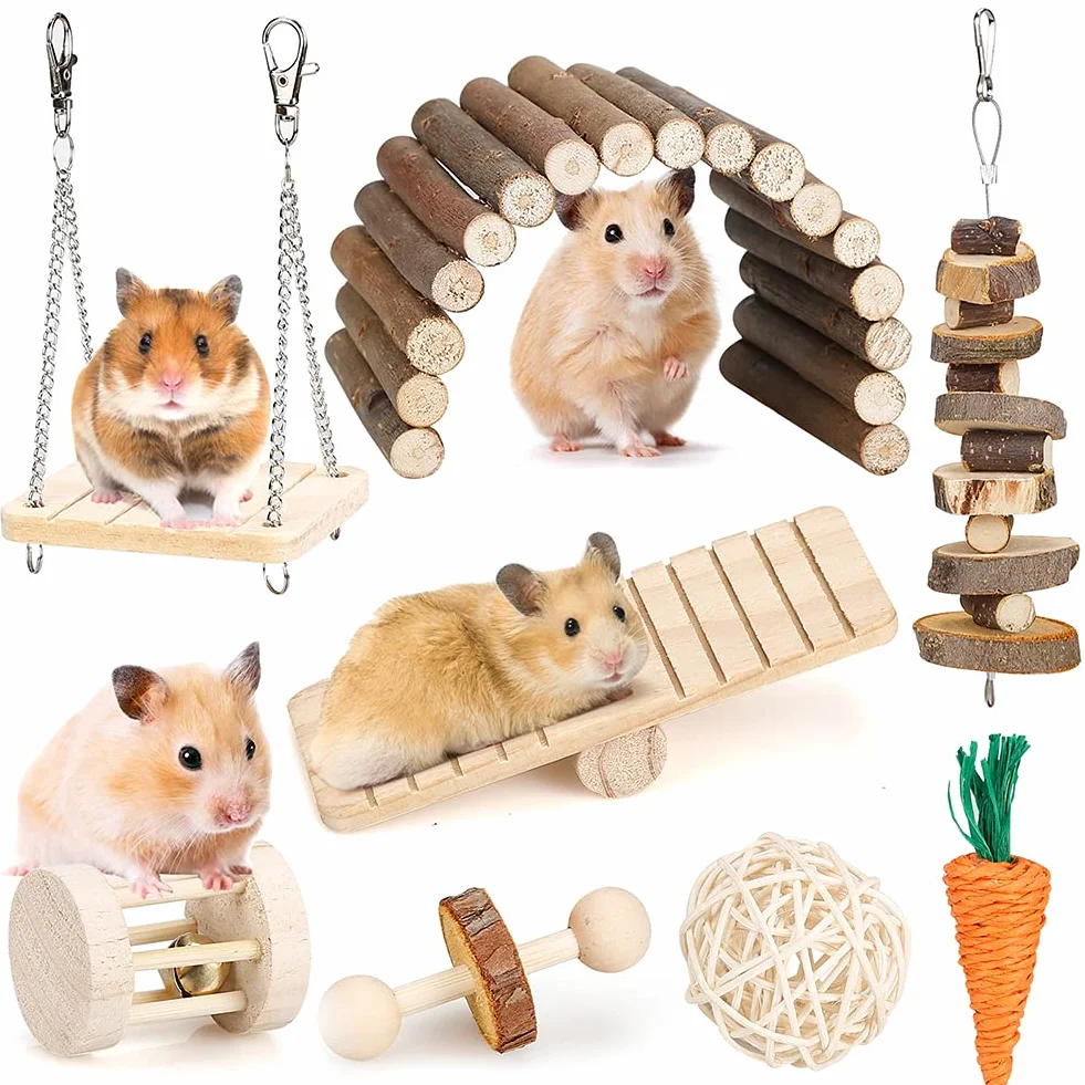 Jouets Cochon d'Inde à mâcher Naturel, Jouet pour Lapin, Hamster, Petits Animaux, Jouets molaires, Soins des Dents, Accessoires en Bois pour rongeurs, Jouet balançoire et Pont à Bascule