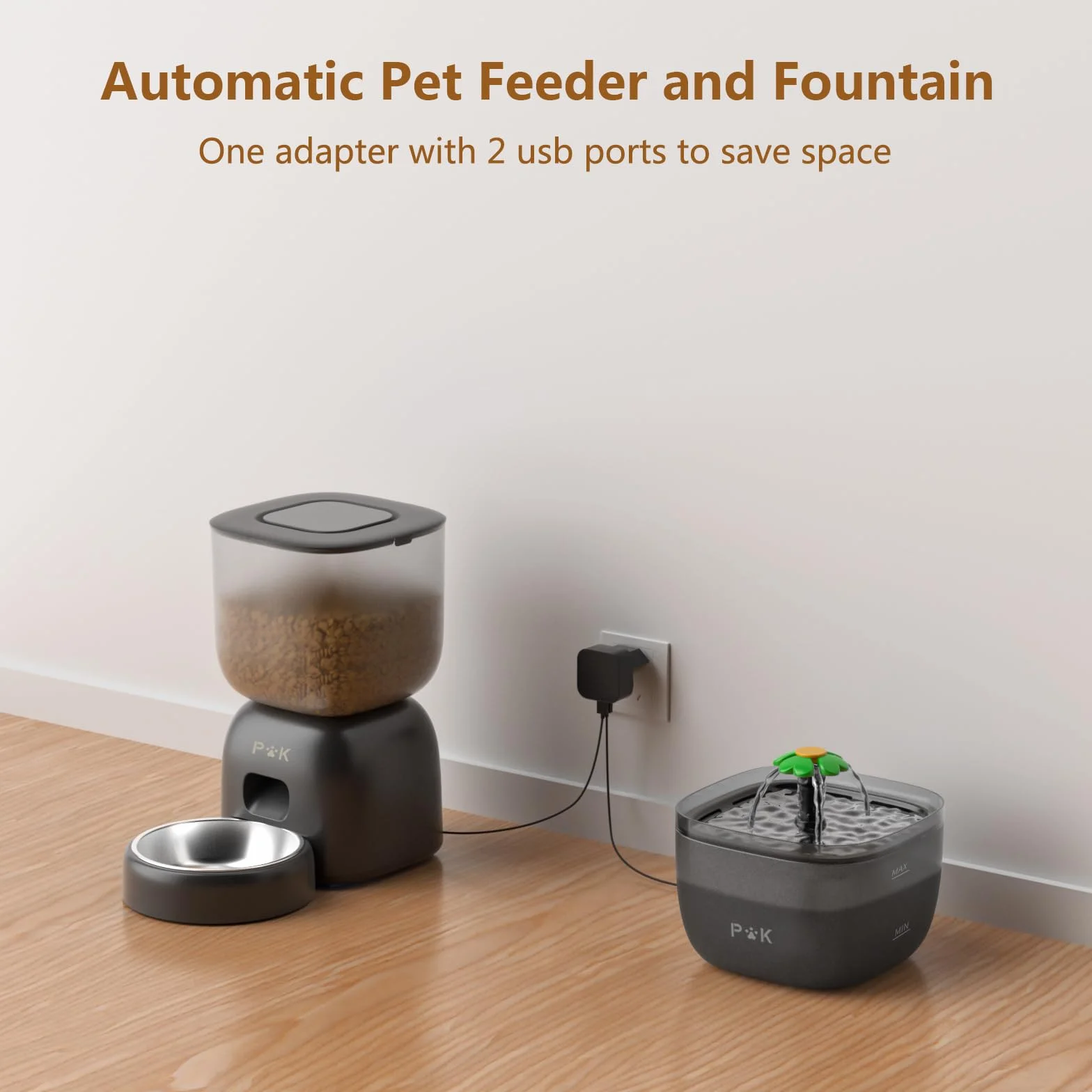 Distributeur Croquettes Chat Automatique et Fontaine à Eau Chat Combo, Batterie 180 Jours, Enregistrement Vocal 10S, 3L Gamelle 2L Fontaine