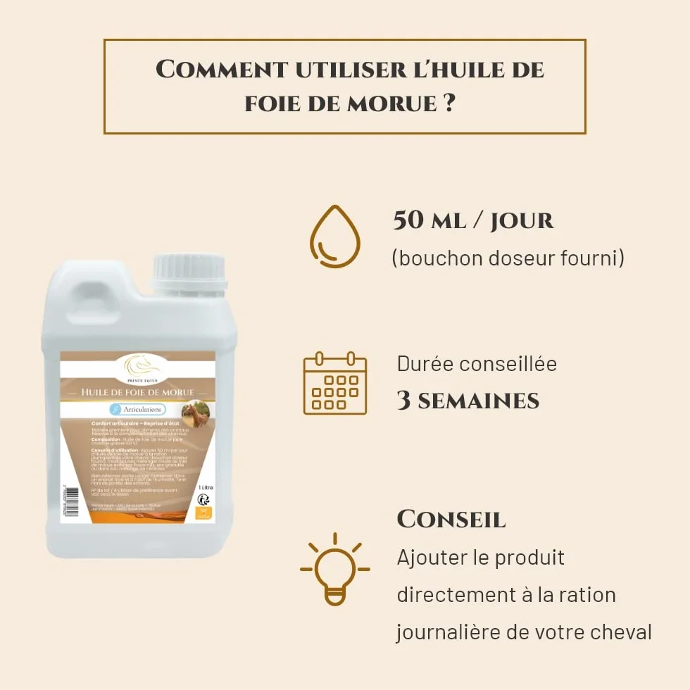 Huile de foie de morue complément nutritionnel cheval 1 L articulations immunité oméga 3 vitamines A D marque française