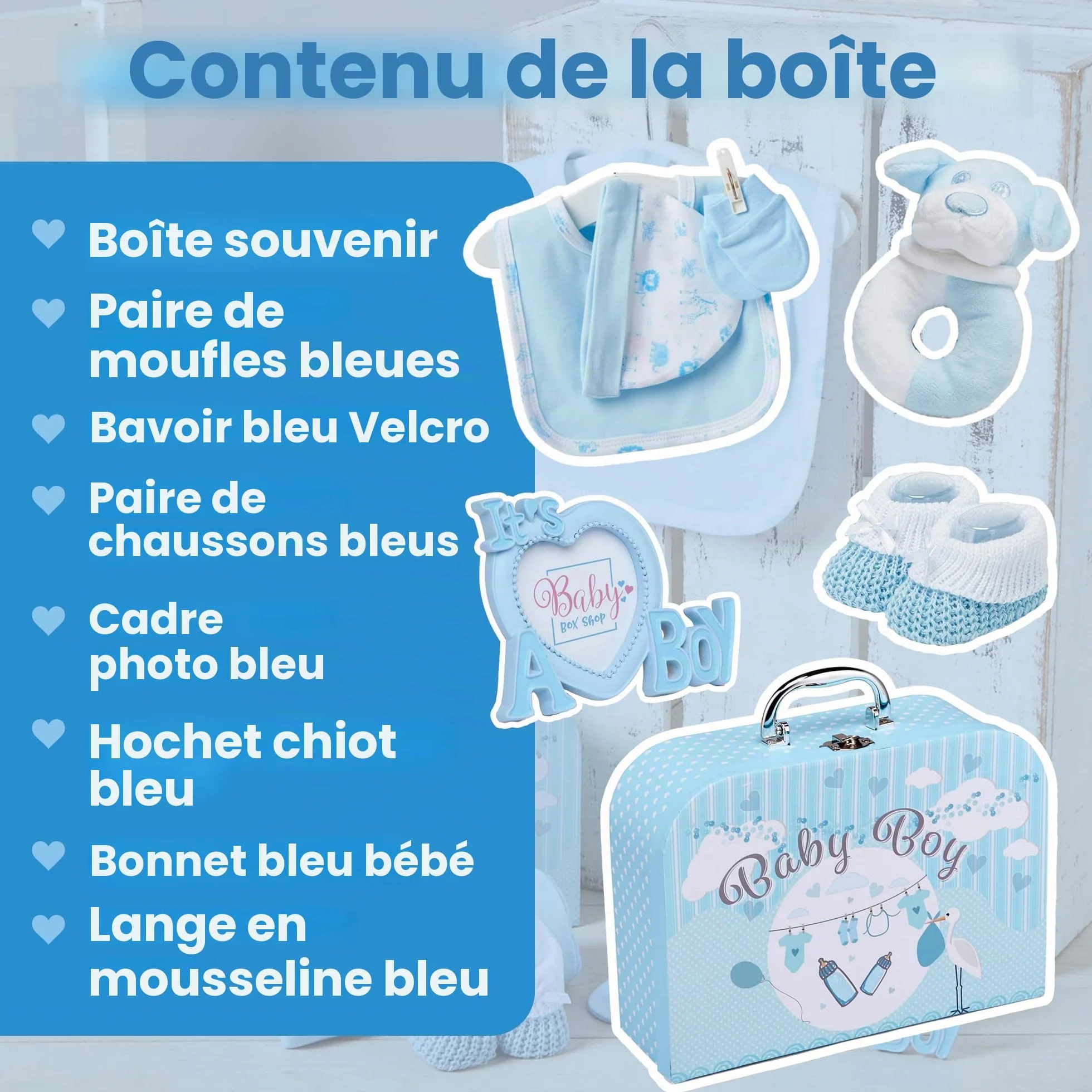 Coffret Naissance Bébé Garçon avec Cadeaux Hochet Cadre Photo Linge Mousseline Bavoir Chaussettes Mitaines Bonnet