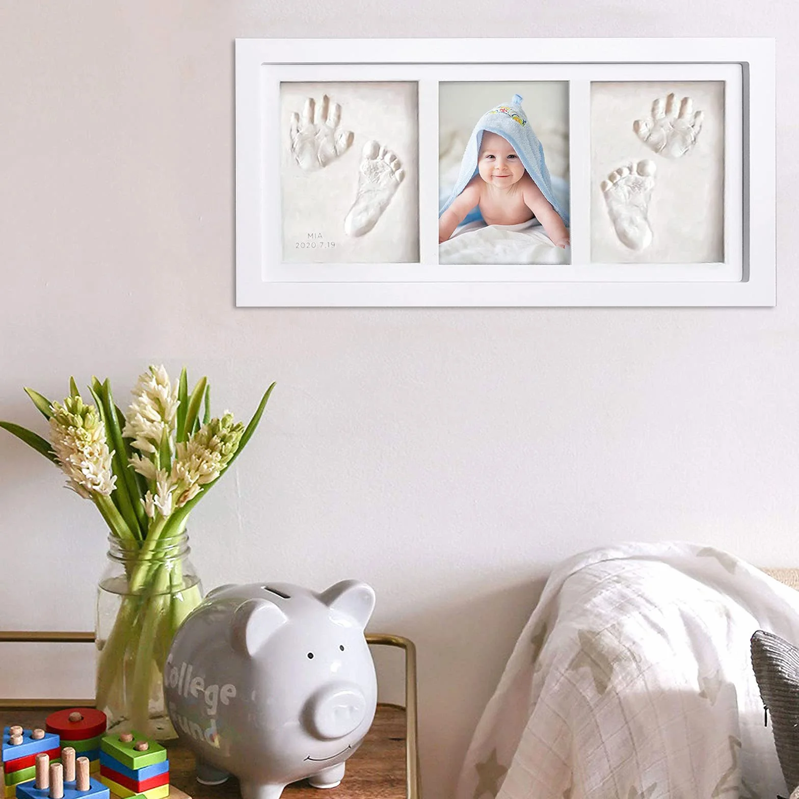 Cadre Photo pour Bébé avec Kit Empreintes Mains et Pieds, Argile et Sceau