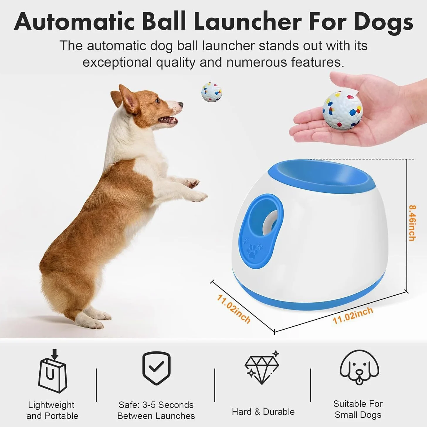 Lanceur de balles automatique pour chien – Petite machine de lancer de balles automatique interactive amusante pour chien avec 3 balles en latex durable, distance de tir réglable de 3 à 9 m, adaptée