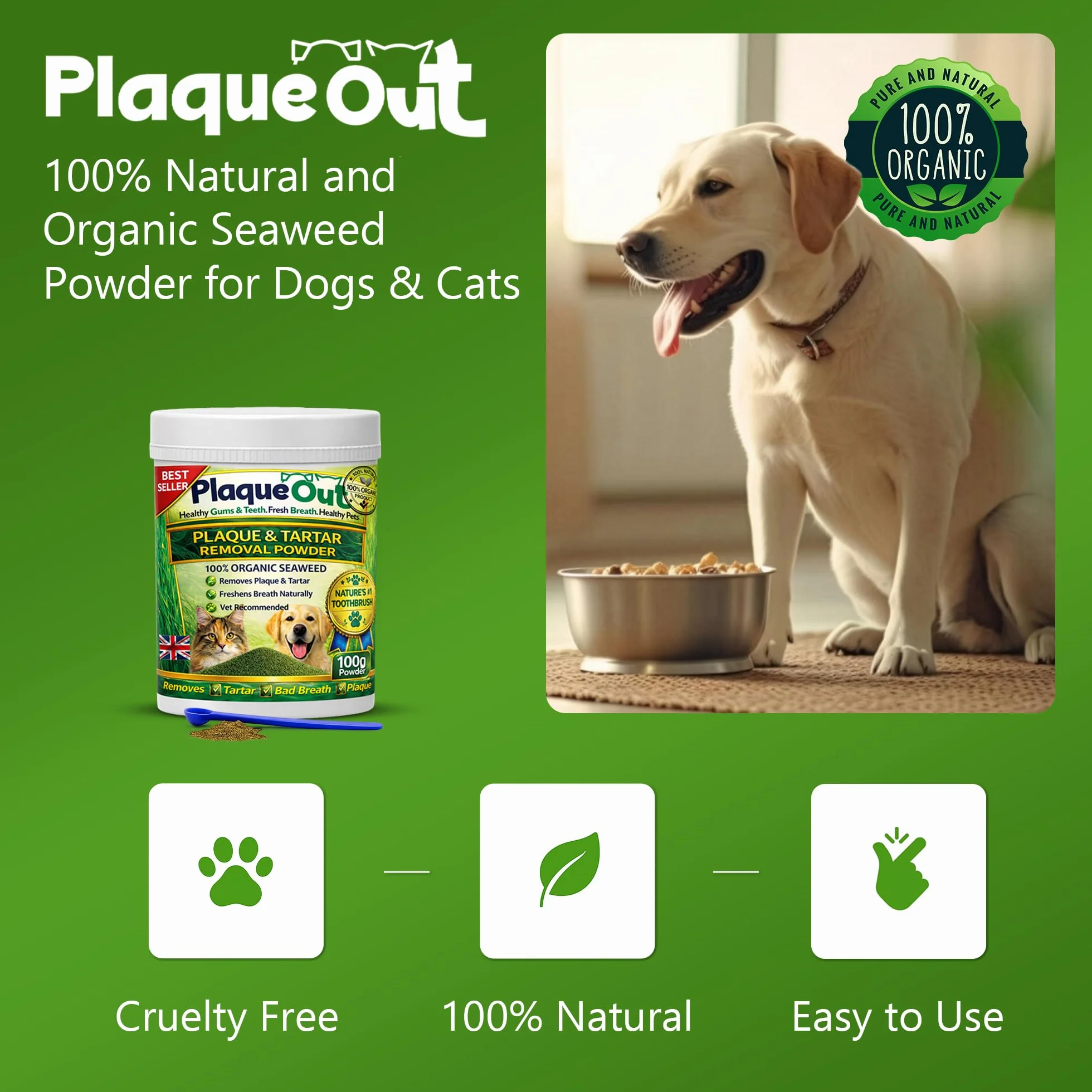 Plaque Out – Produit permettant d’éliminer la plaque dentaire et le tartre chez les chiens et les chats - Livraisons gratuite- Pot de 100g - Multi-Mite ®