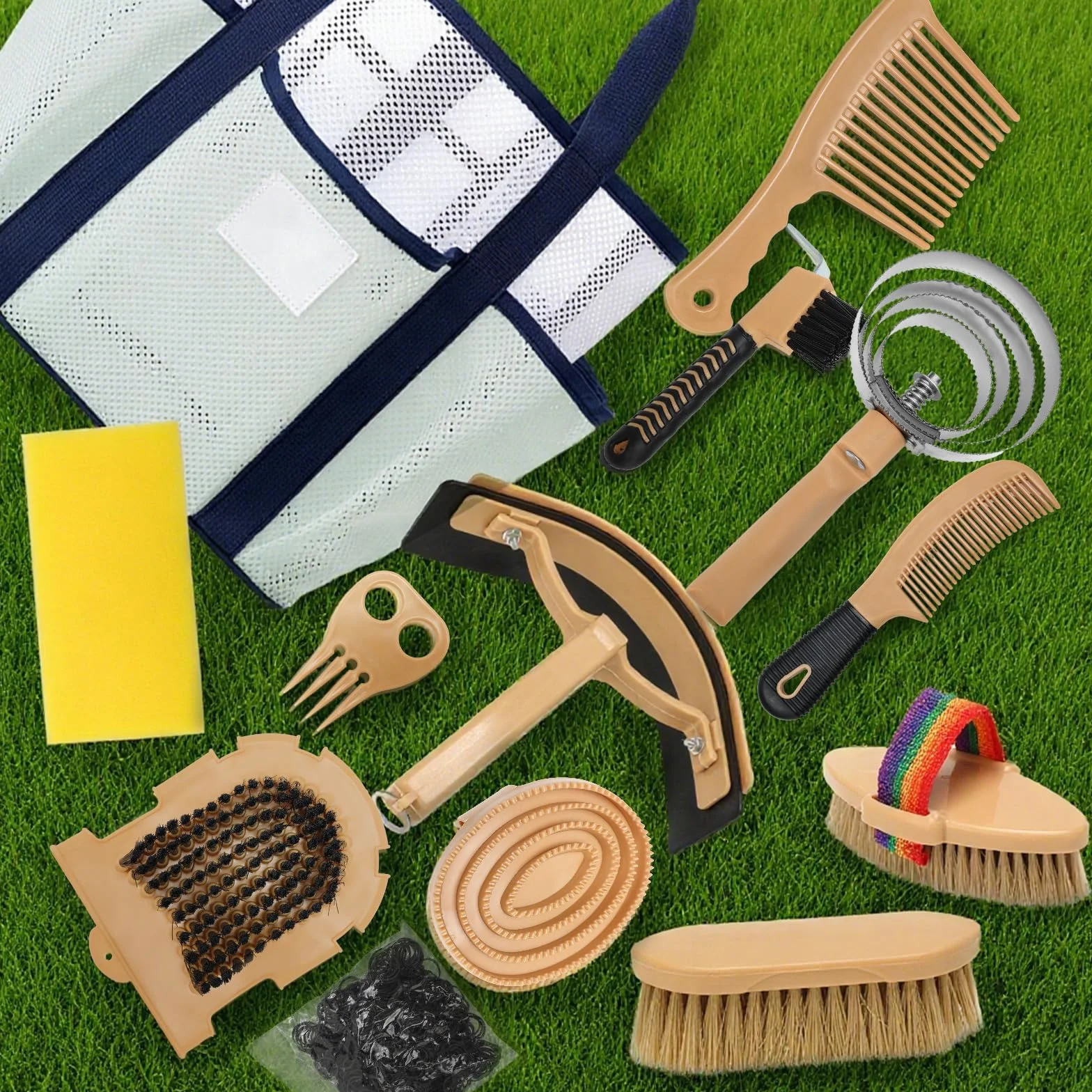 Kit de pansage Horse Care 13 pièces avec sac de rangement, brosses pour chevaux, jaune