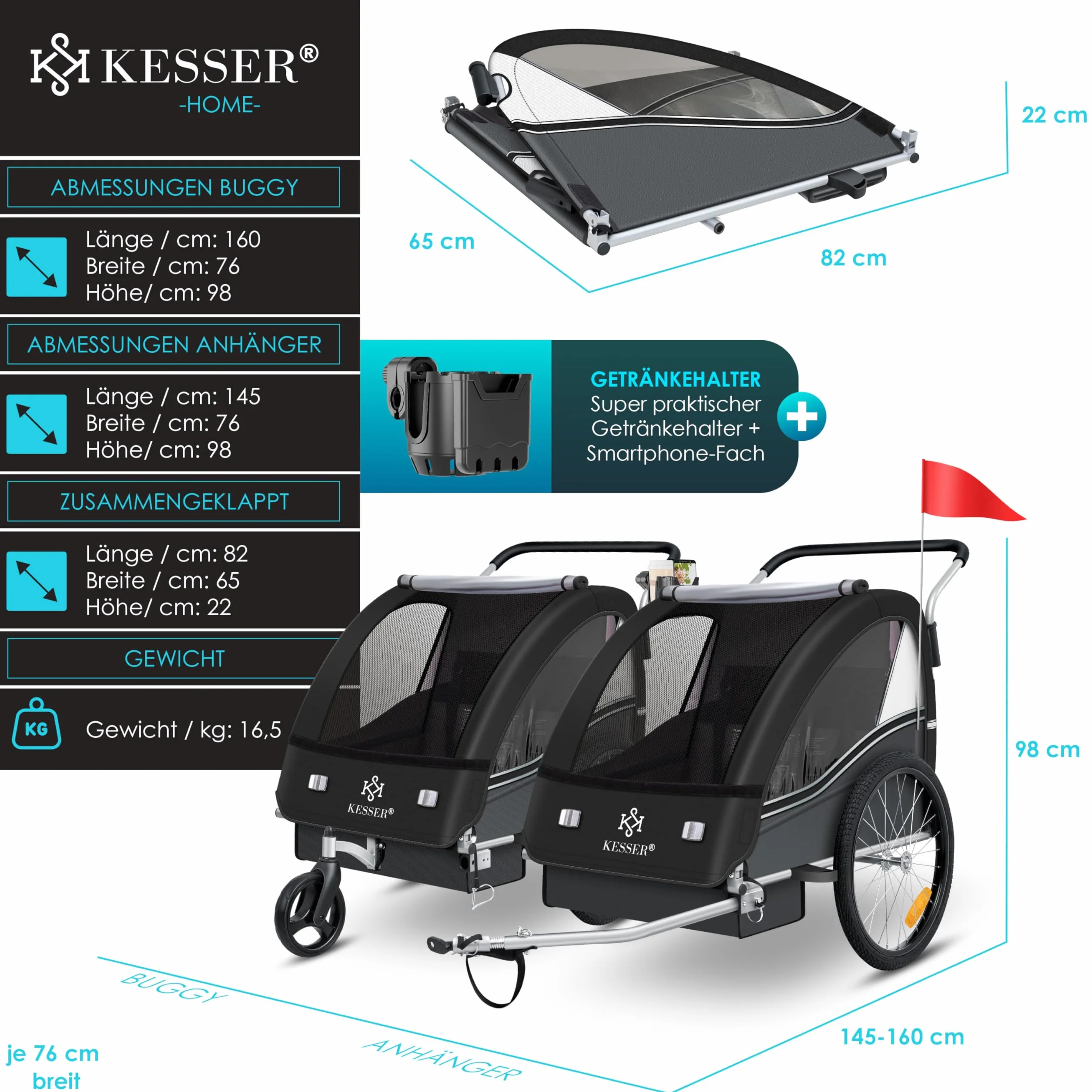KESSER® Remorque pour Enfants 2en1 Sport-RX Vélo + Running Ceinture 5 Points 360° Roue Avant