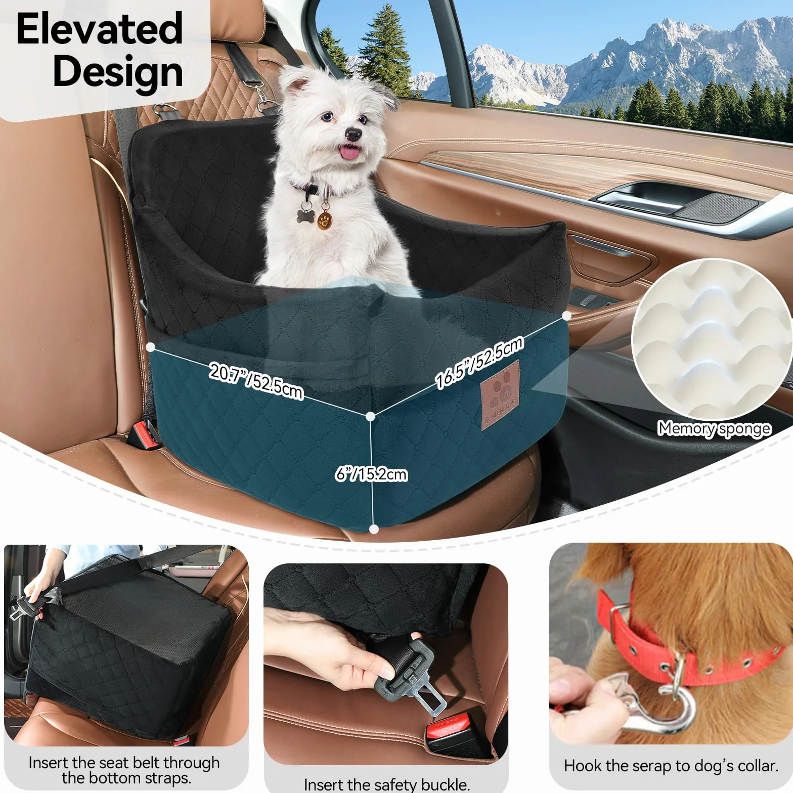 GL GLENSLAVE Siège auto pour chiens de petite/moyenne taille, sièges de voiture rehausseurs pour chiens de moins de 15,9 kg, siège auto amovible et lavable avec poches de rangement, 2 ceintures de