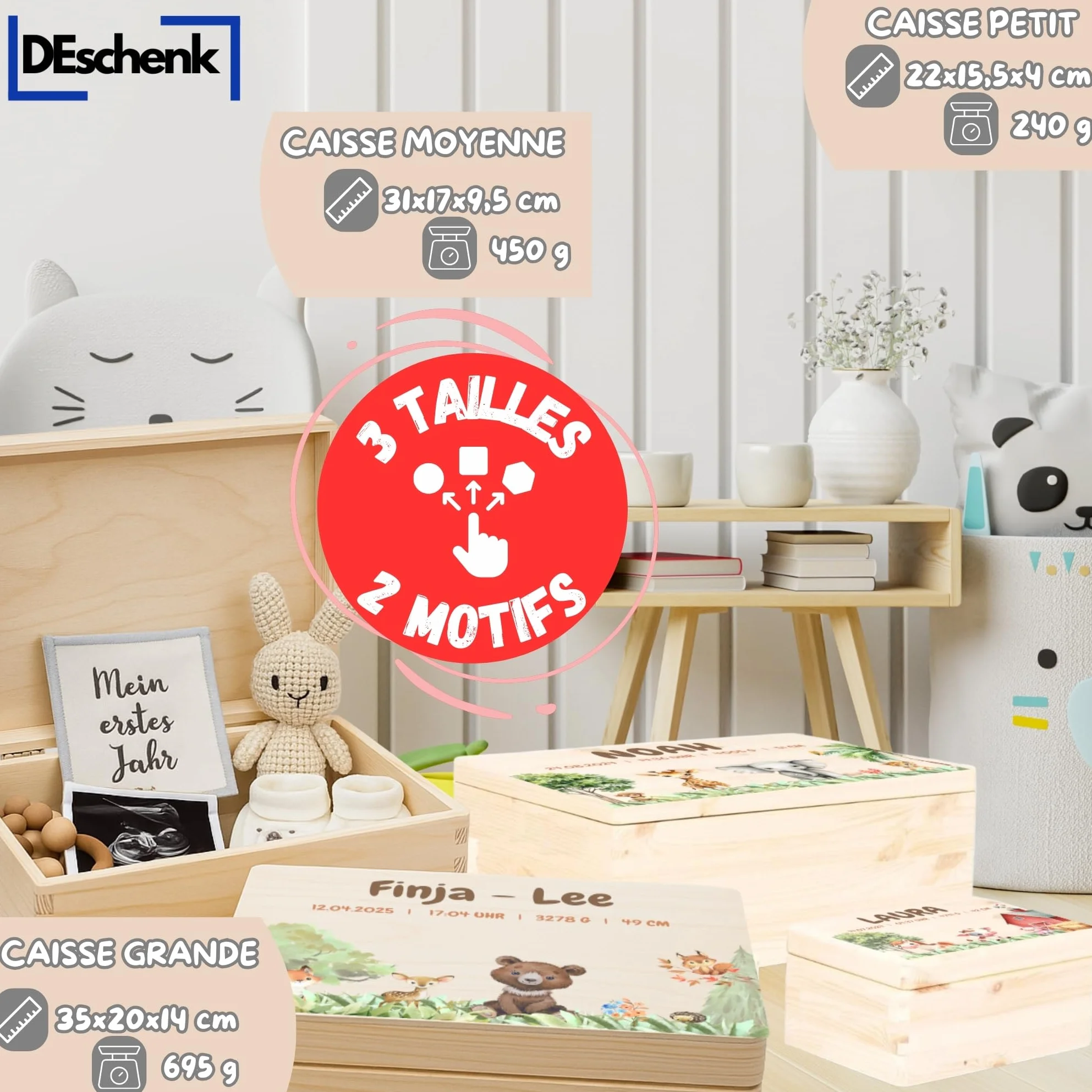 Boite Souvenir Bebe Personnalisée avec Nom Différentes Tailles Motifs Dates Naissance Inspirante